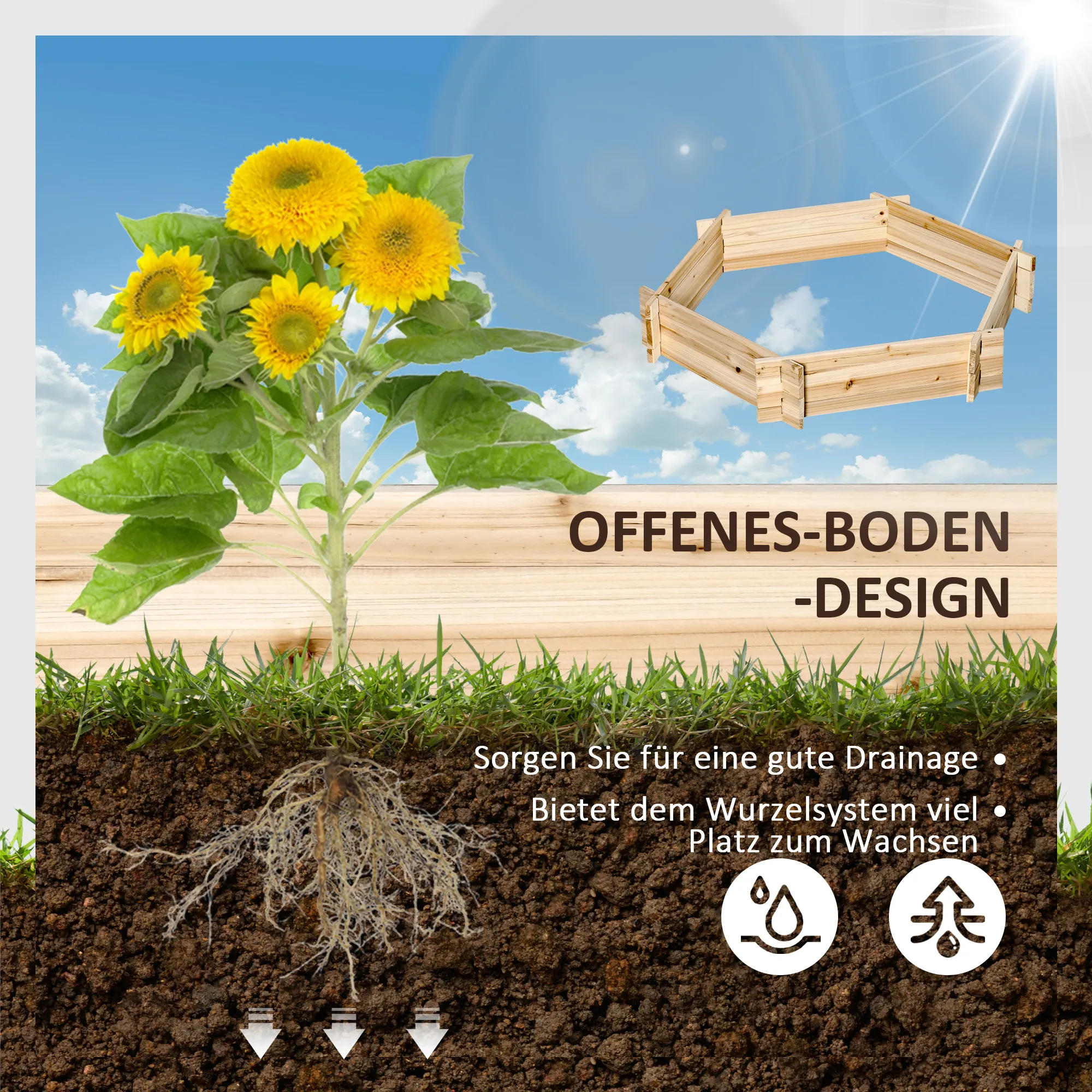 Sechseckiges Hochbeet 100L x 92B x 16H cm Natur