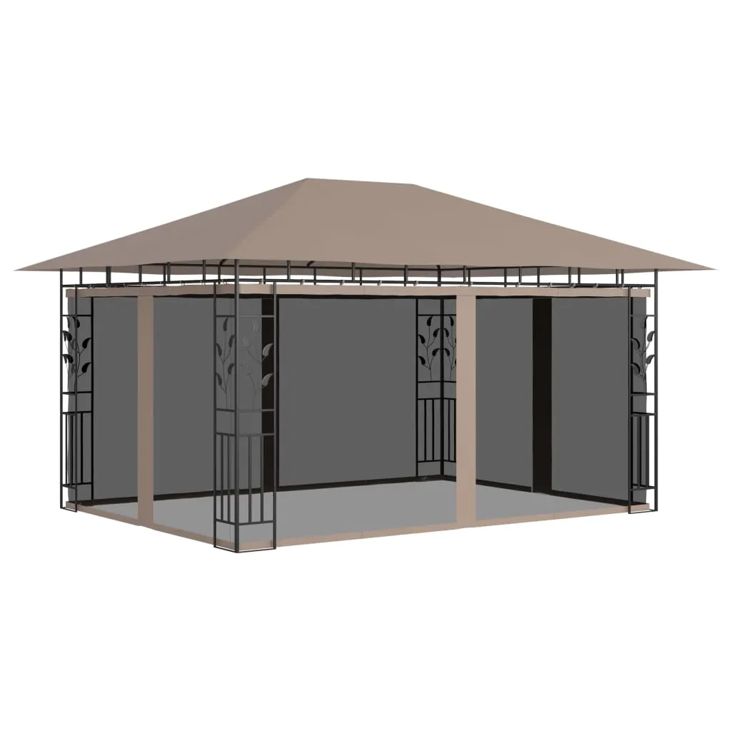 Pavillon 4x3x2,73 m Taupe mit Stahlrahmen und Solar-Lichterkette