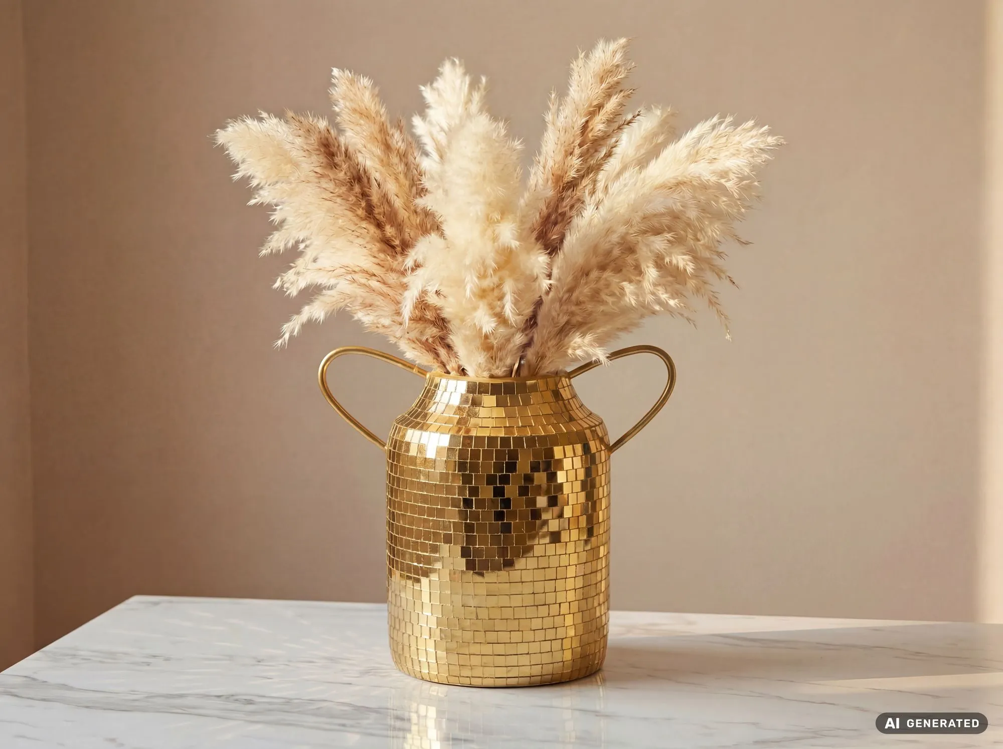 Tischvase Aluminium 32cm Gold - Blumenvase mit Henkel - Metallvase im Discokugel Design Modern - Dekovase rund für Trockenblumen - Alu Standvase Vase Hoch - Wohndeko Handmade