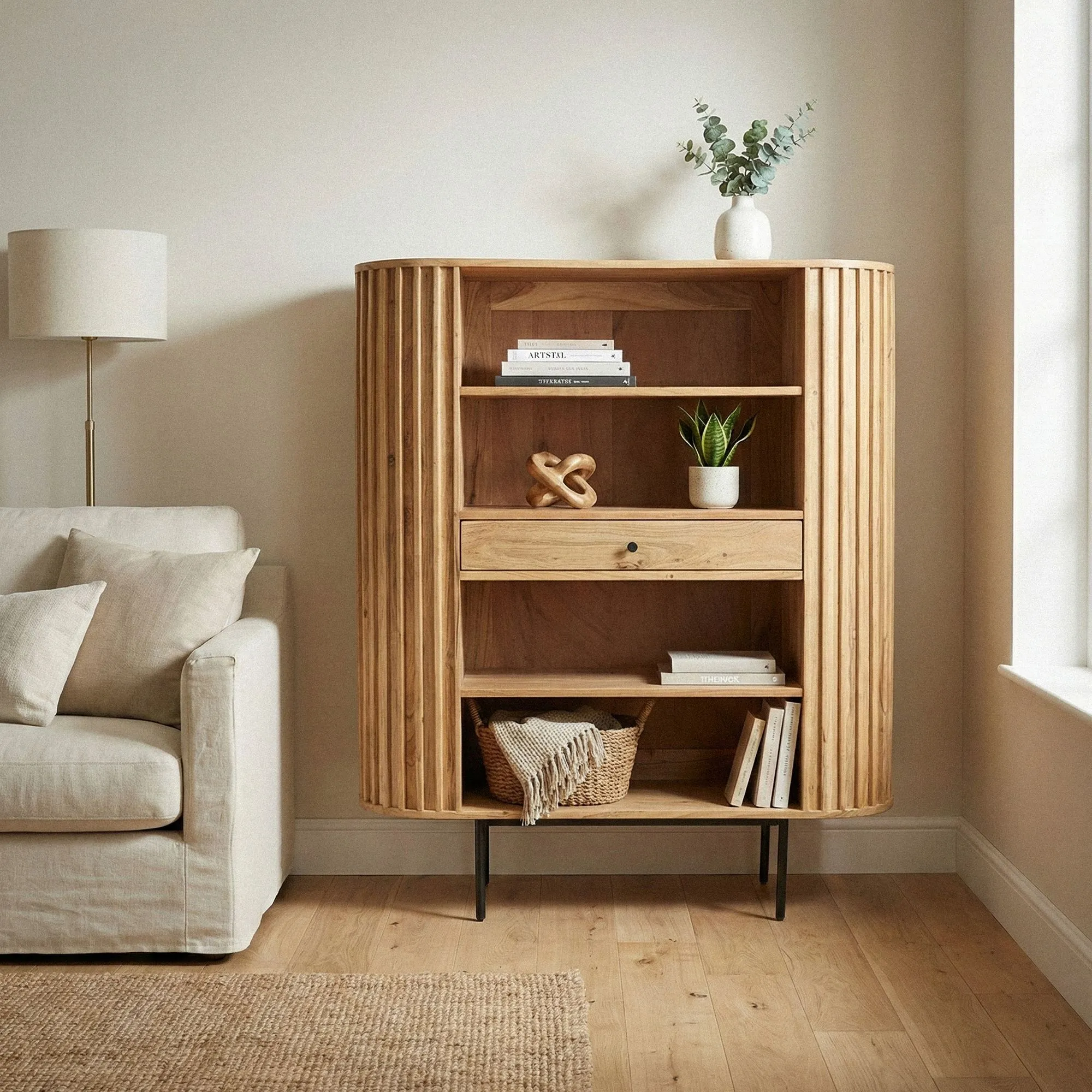 Bücherregal Massivholz Akazie 105x122 cm Lamellen Design - Offenes Standregal mit Schublade - Stauraumregal Metallbeine - Wohnregal Wohnzimmer - Kleiner Schrank Regal Handmade