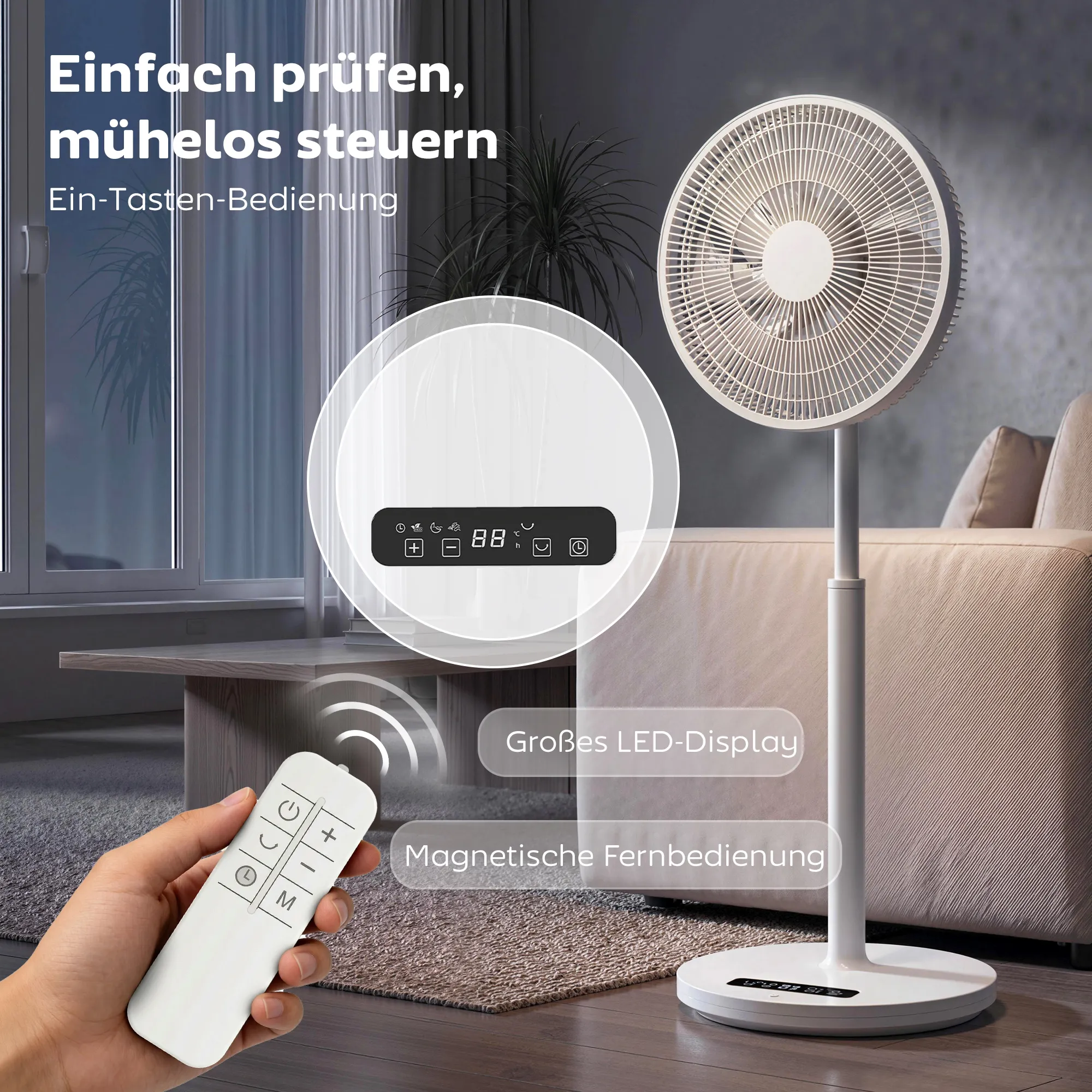 Standventilator mit Fernbedienung und 12 Geschwindigkeiten, Bodenventilator mit verstellbarer Höhe für Schlafzimmer Weiß