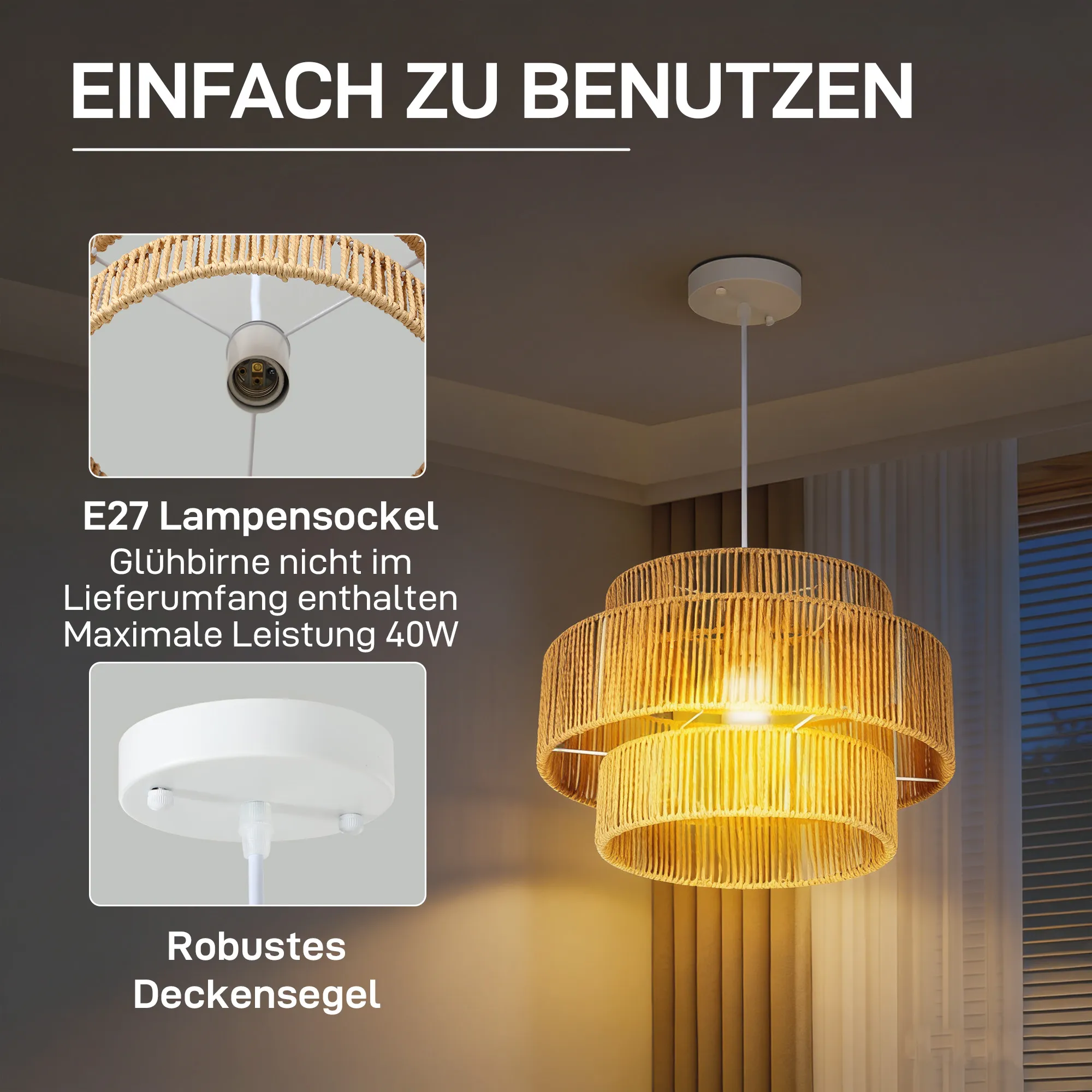 Hängelampe Boho-Stil 3-stufig aus Hanfseil und Metall, Hellbraun