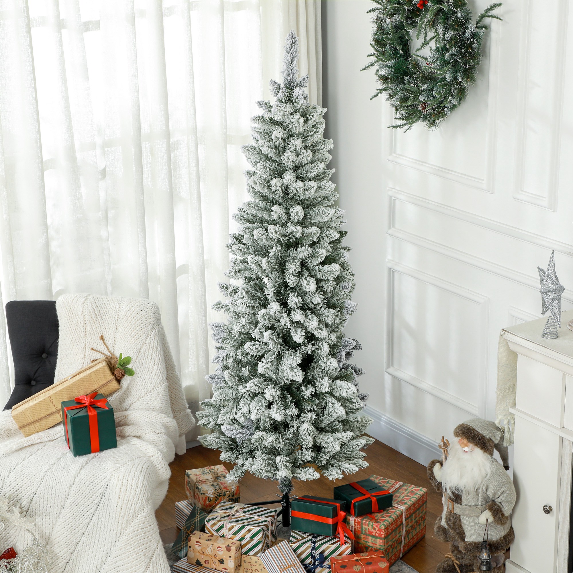 Künstlicher Weihnachtsbaum mit Kunstschnee, schlank, 183 cm, Grün