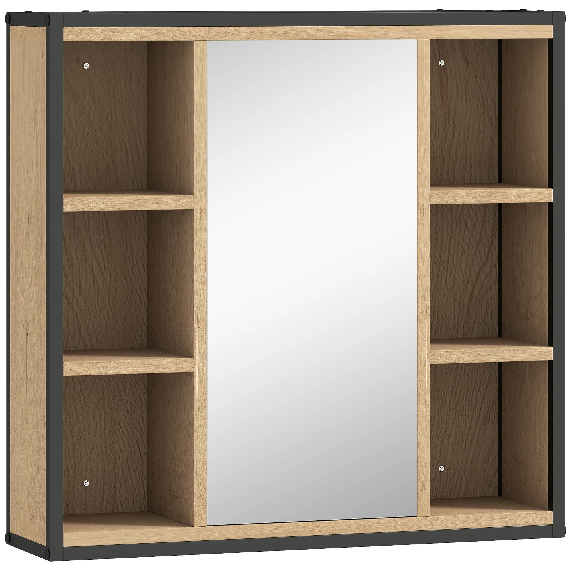 Badezimmer-Spiegelschrank, 6 offene Fächer, 3-stufiges Regal, Wandmontage, Eiche