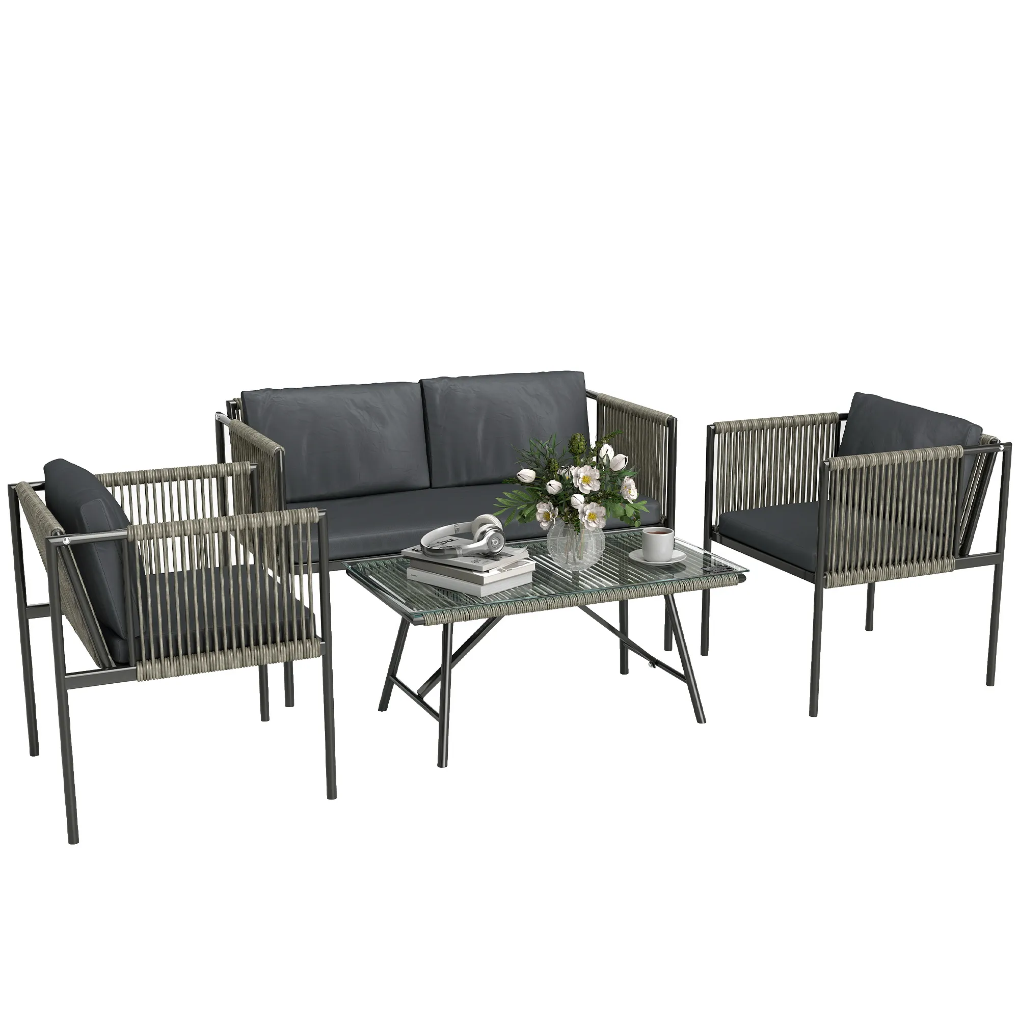 Rattan-Sitzgruppe Grau 4-teilig 62L x 65B x 68H cm
