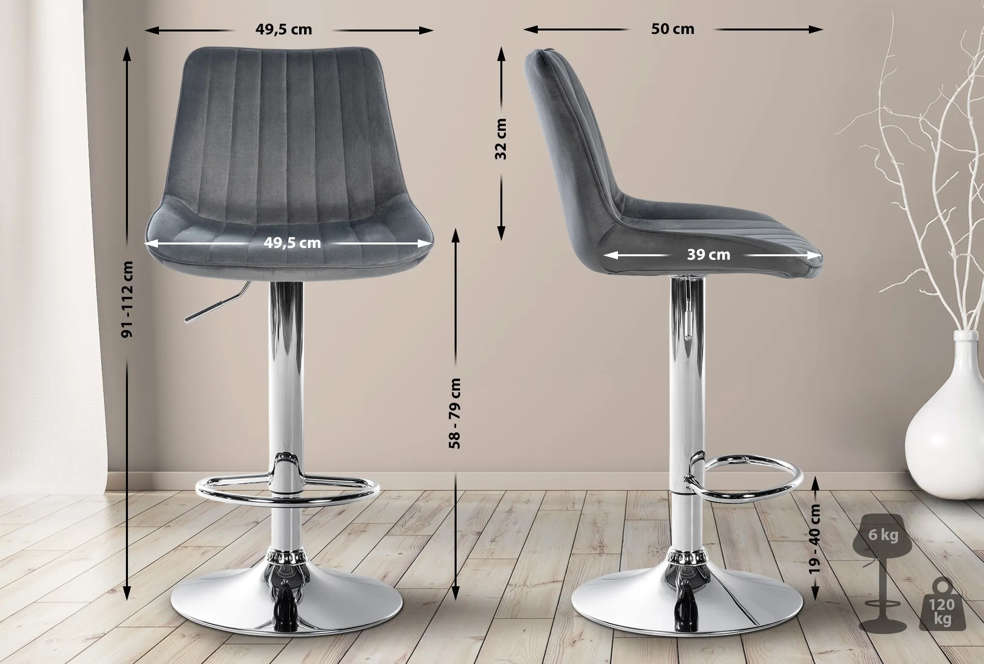 Barhocker Toni Samt 91-112x49.5x50 cm dunkelgrau