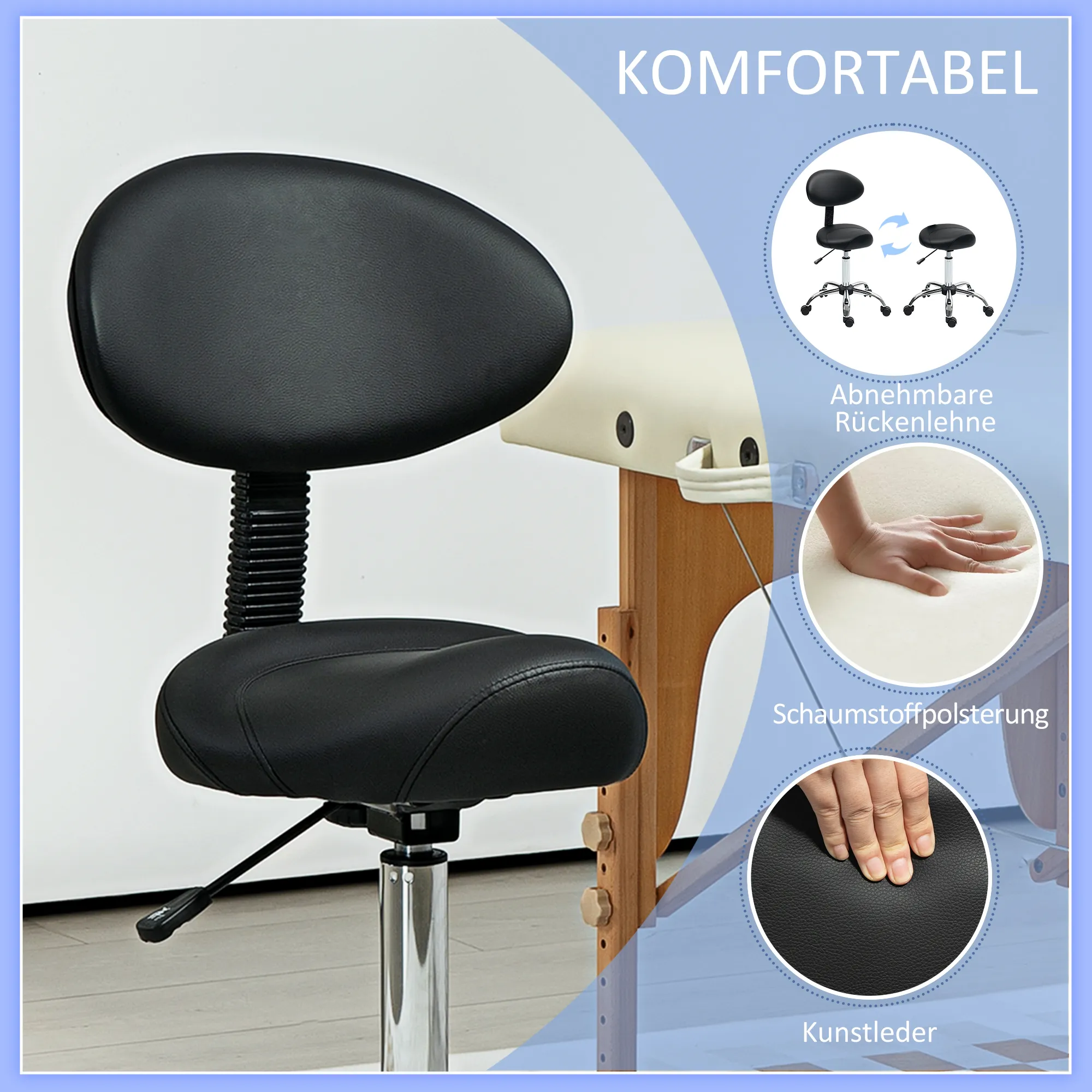 Höhenverstellbarer Rollhocker Schwarz 50L x 50B x 83-98H cm