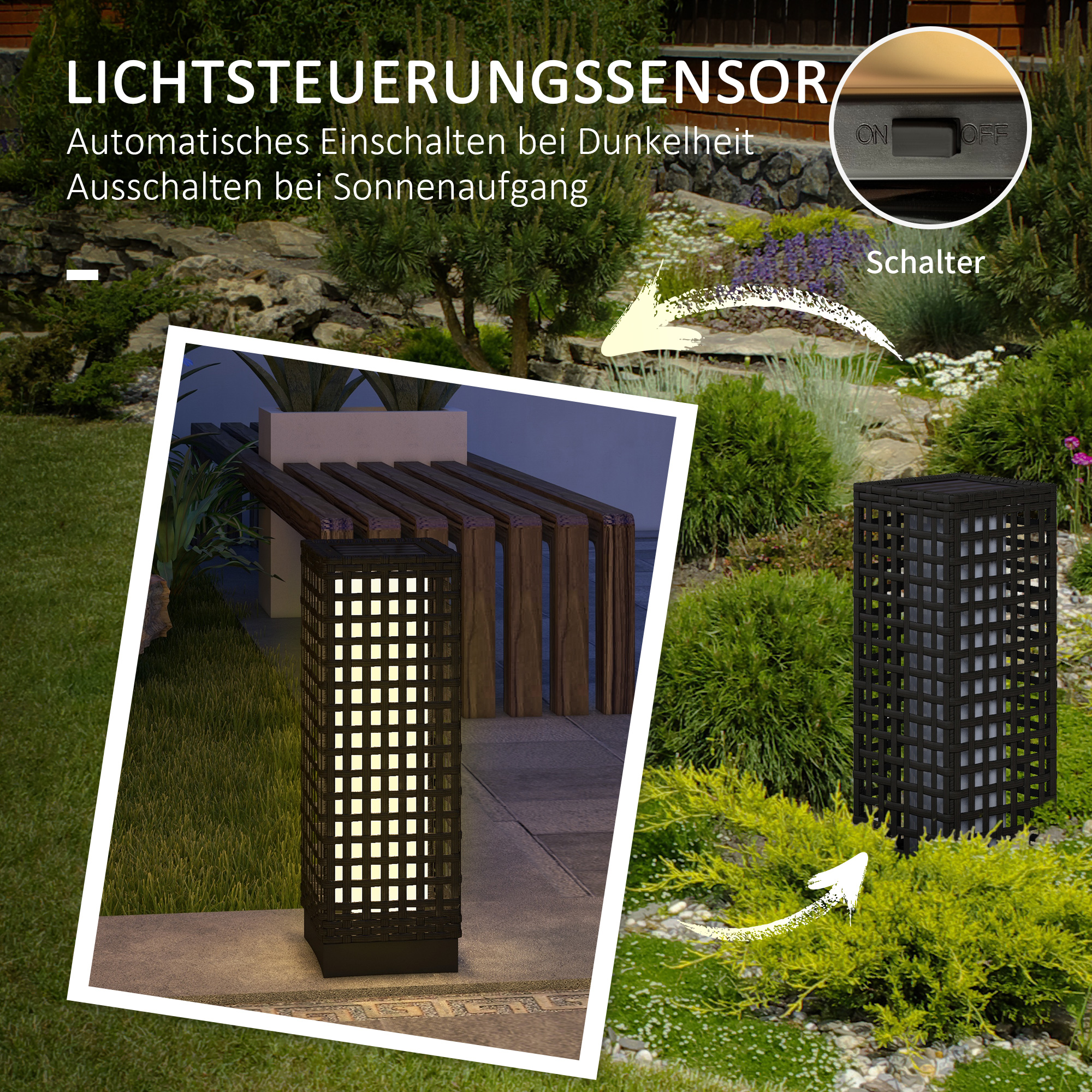 Solar Außenleuchte Rattanoptik Stahl Schwarz 15,5 x 15,5 x 46 cm