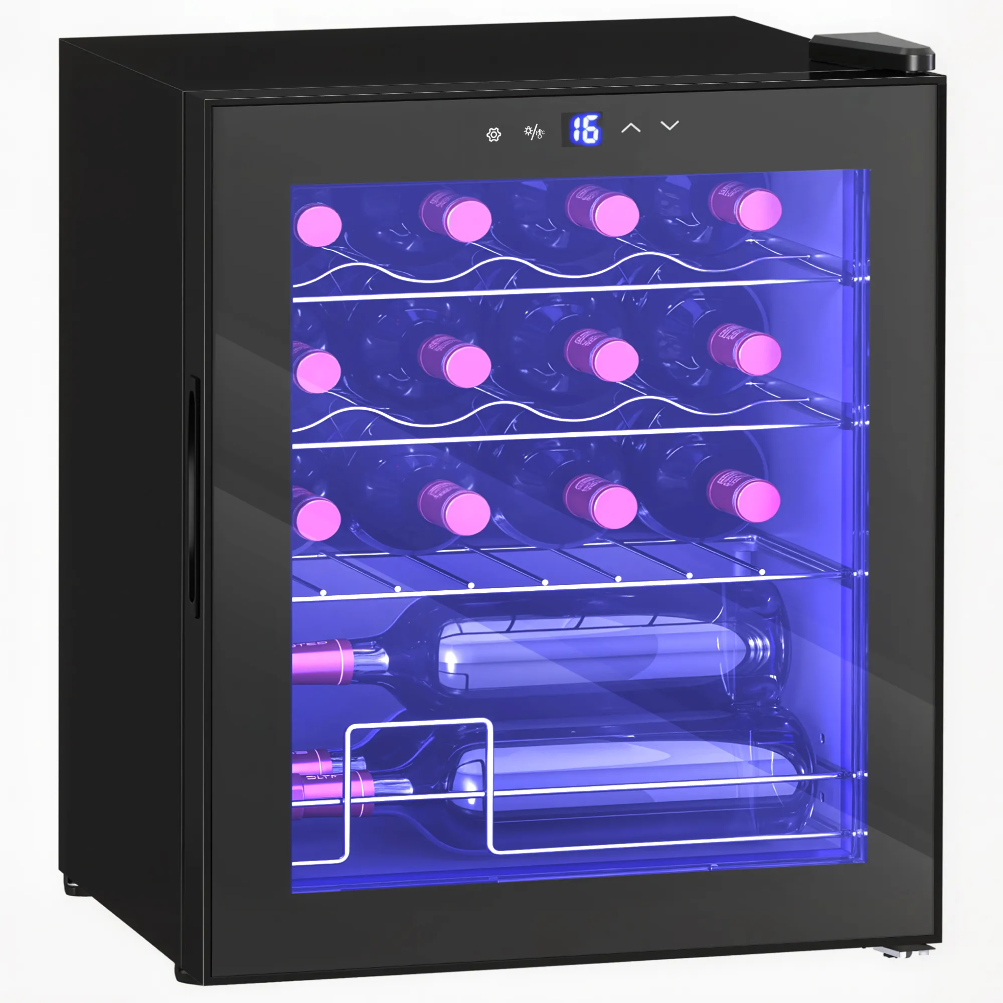 Freistehender Weinkühlschrank, 16 Flaschen, für Hausbar, Wohnzimmer, Küche Touchscreen, Glastür, LED-Beleuchtung Freistehender Weinkühlschrank, 16 Flaschen, für Hausbar, Wohnzimmer, Küche Touchscreen, Glastür, LED-Beleuchtung