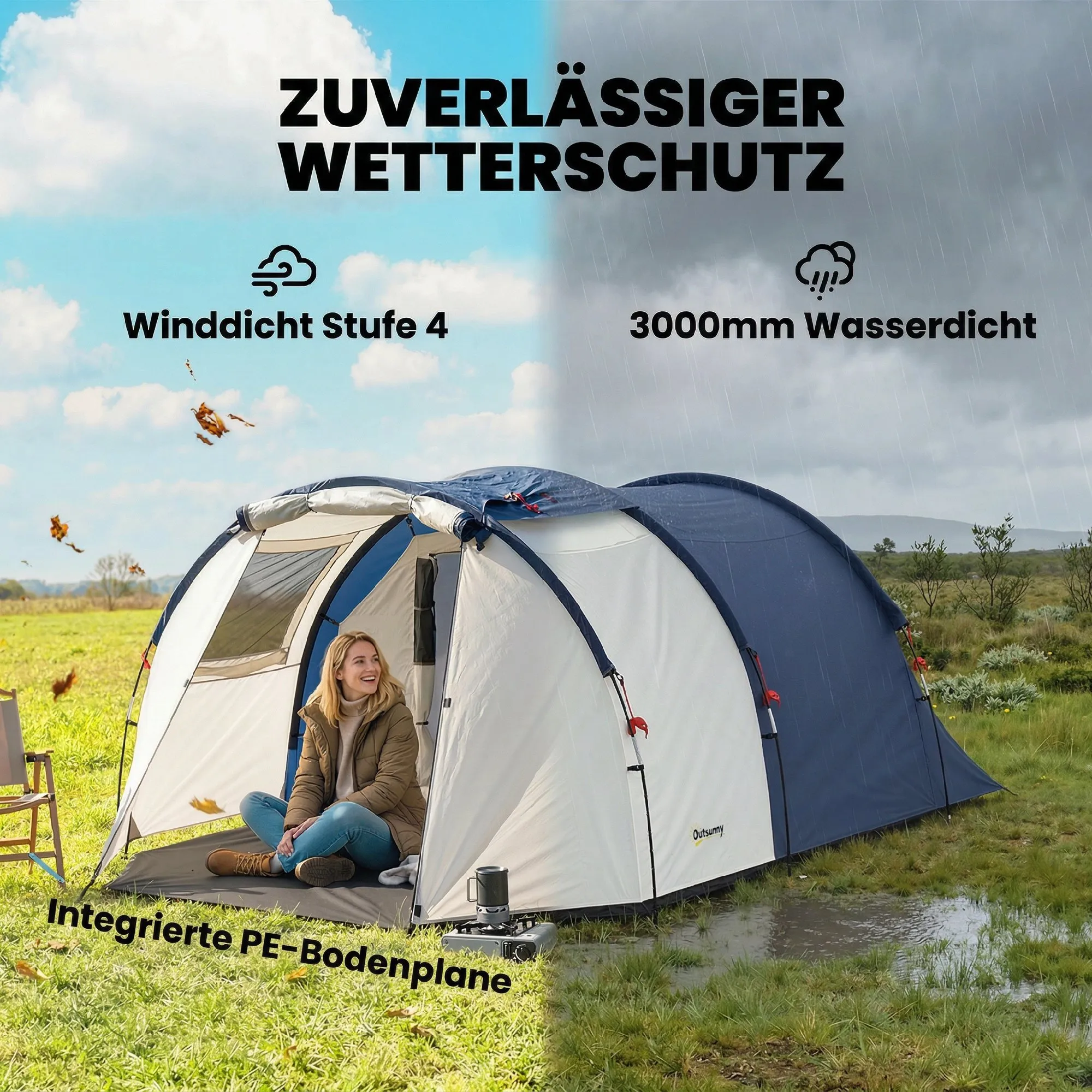 Familienzelt 4 Personen 385x240x140 cm Marineblau-Cremeweiß