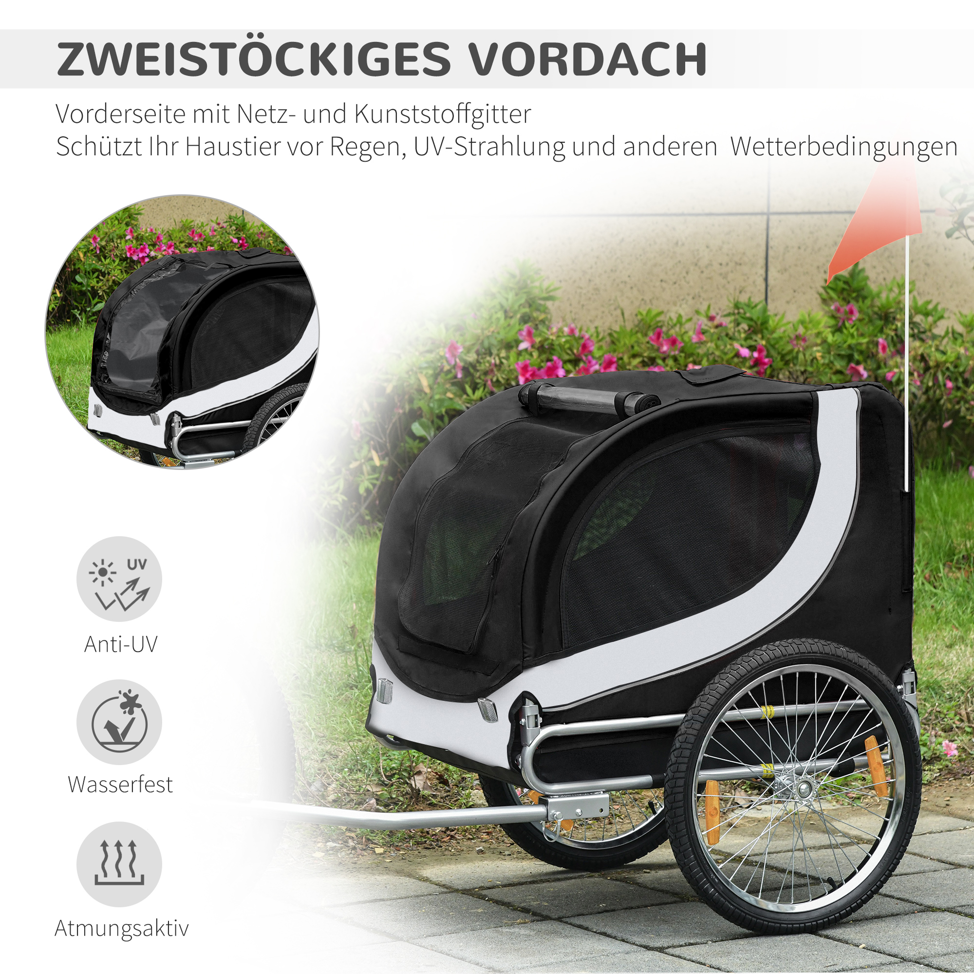 Hundeanhänger für Fahrrad bis 20kg mit Universalkupplung Weiß-Schwarz