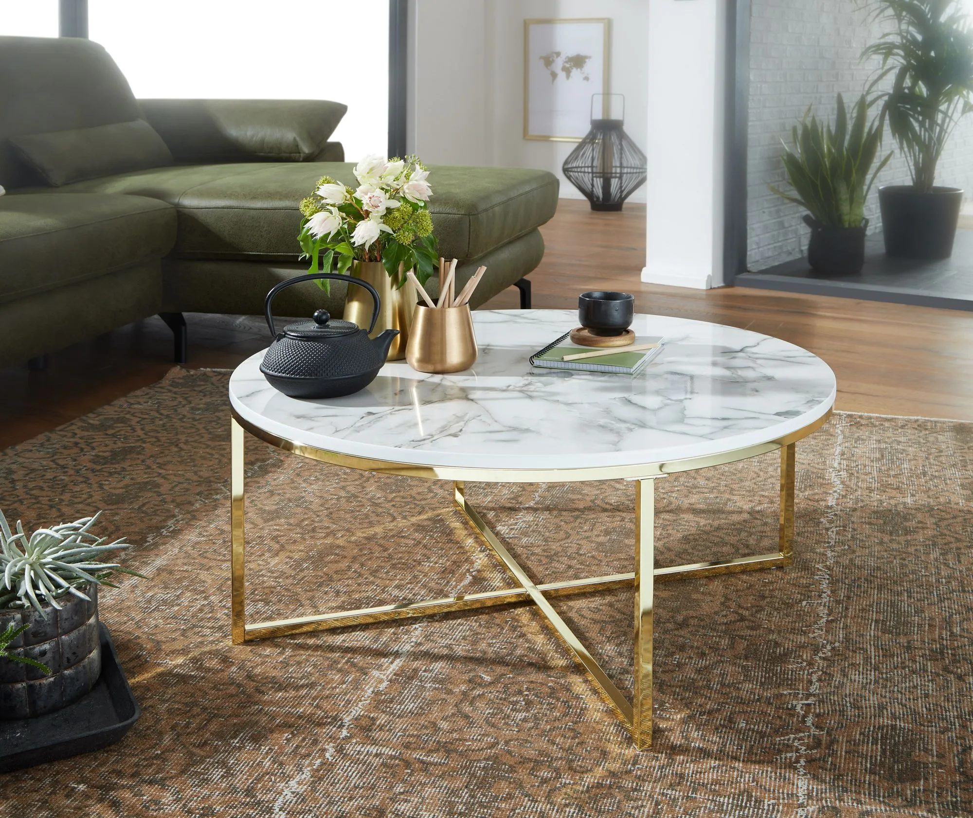 tinkaro Couchtisch rund CIHAT Holz Sofatisch Weiß Marmor-Hochglanz-Optik