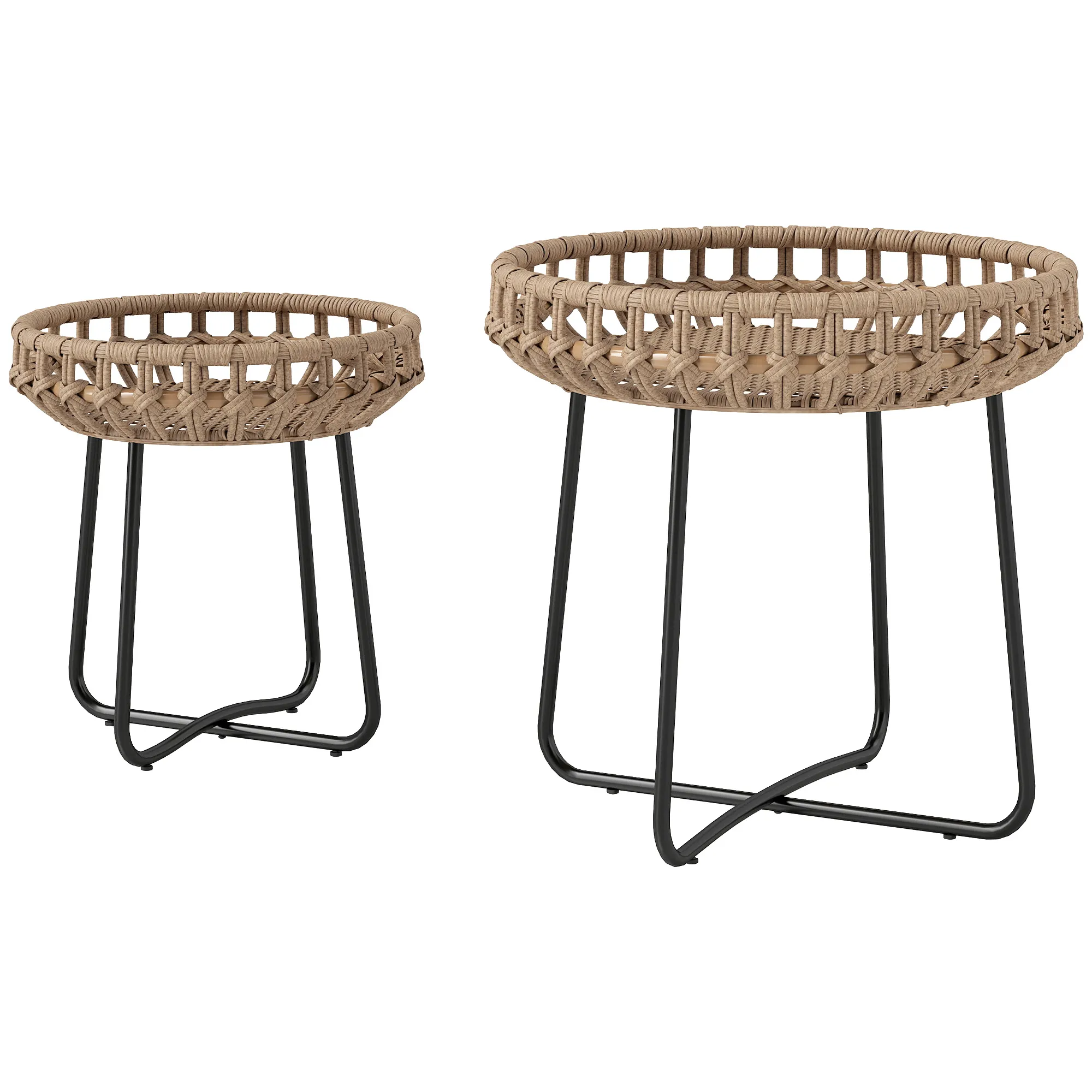 Rattan-Tisch Set Ø56x55H cm und Ø41x45H cm in Braun+Schwarz
