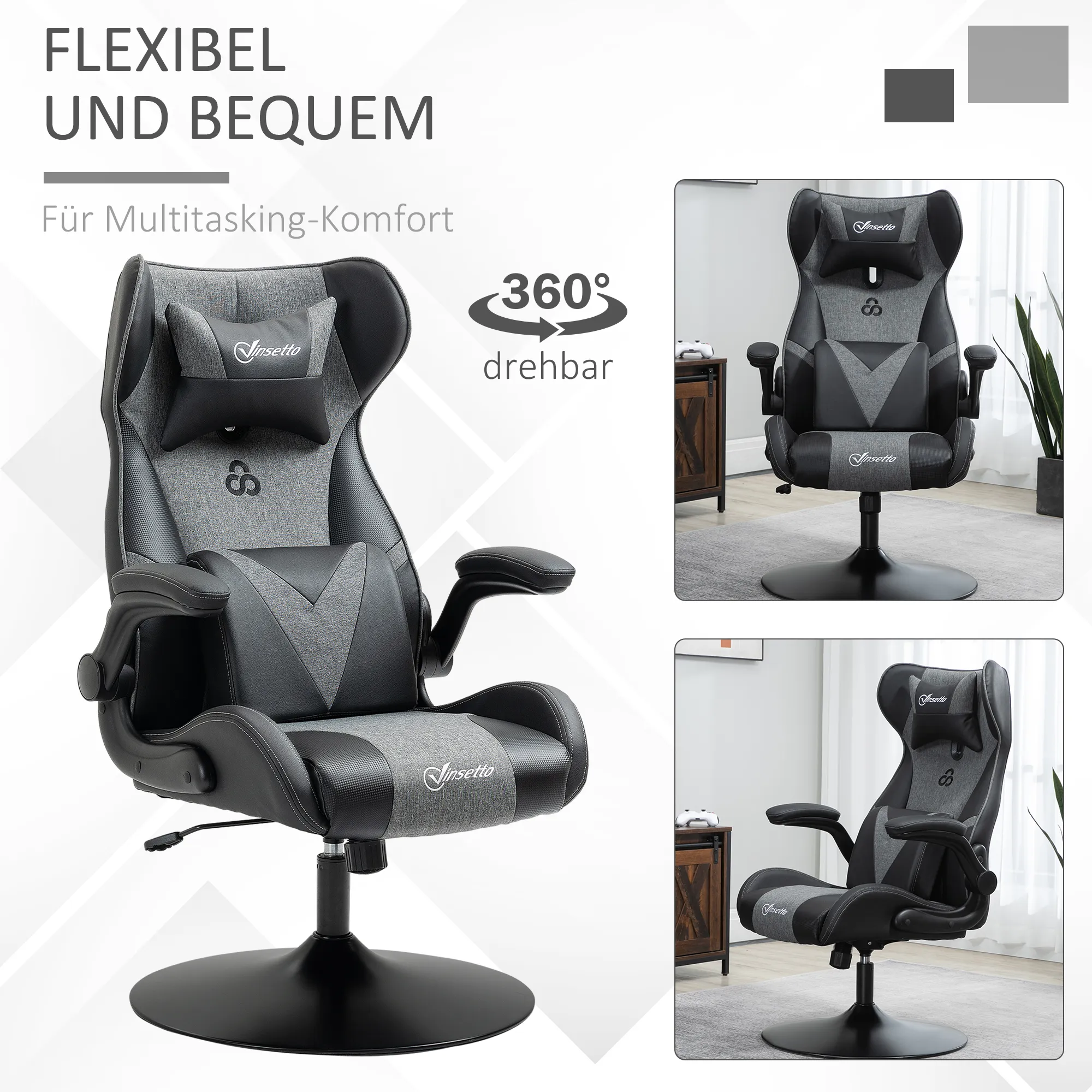Gaming-Stuhl, höhenverstellbar & drehbar, Kunstleder-Bezug, klappbare Armlehnen, Schwarz+Grau