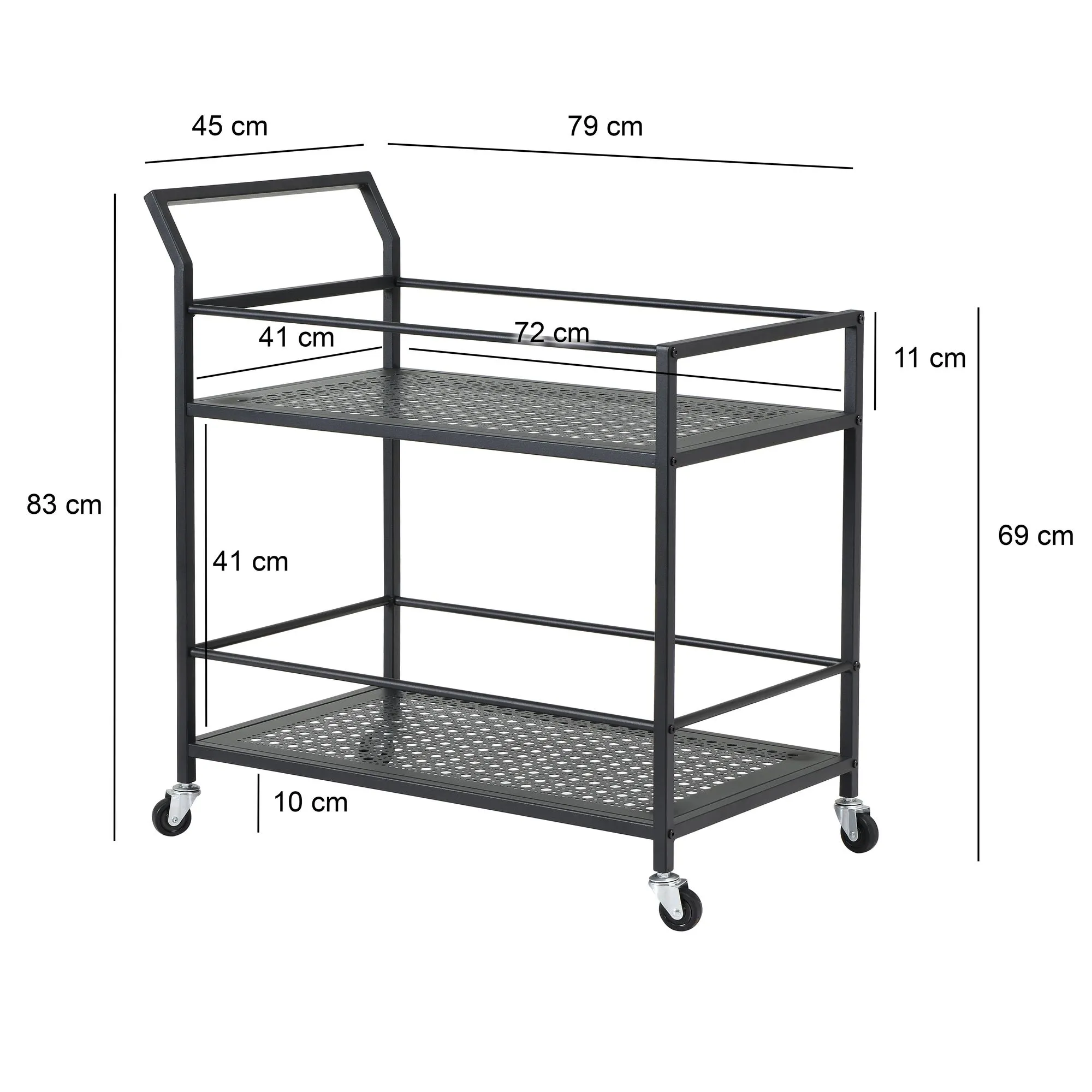 Servierwagen Metall Schwarz 79x45x83 cm mit Rollen & Bremsen