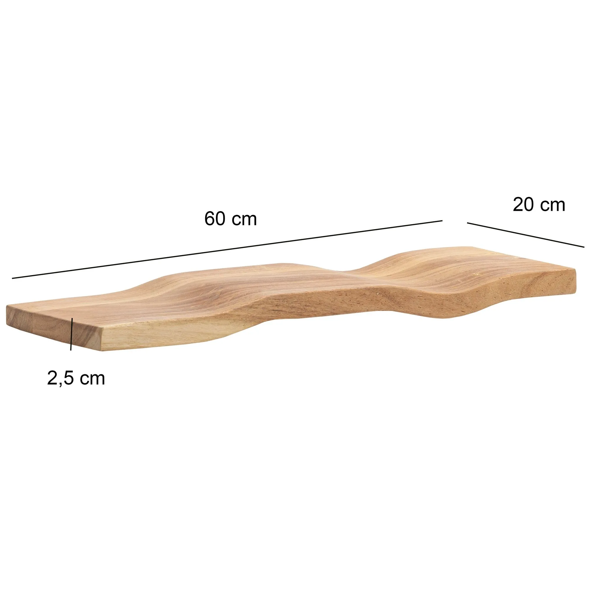 Wandregal Akazie Massivholz 60cm - Schwebendes Design Regal für die Wand Holz massiv - Hängeregal in Wellenform - Wandboard aus Echtholz