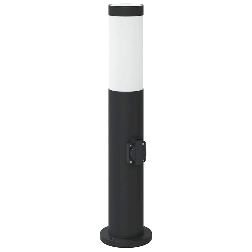 Schwarze Edelstahl Pollerleuchte 11x50 cm mit integrierter Steckdose