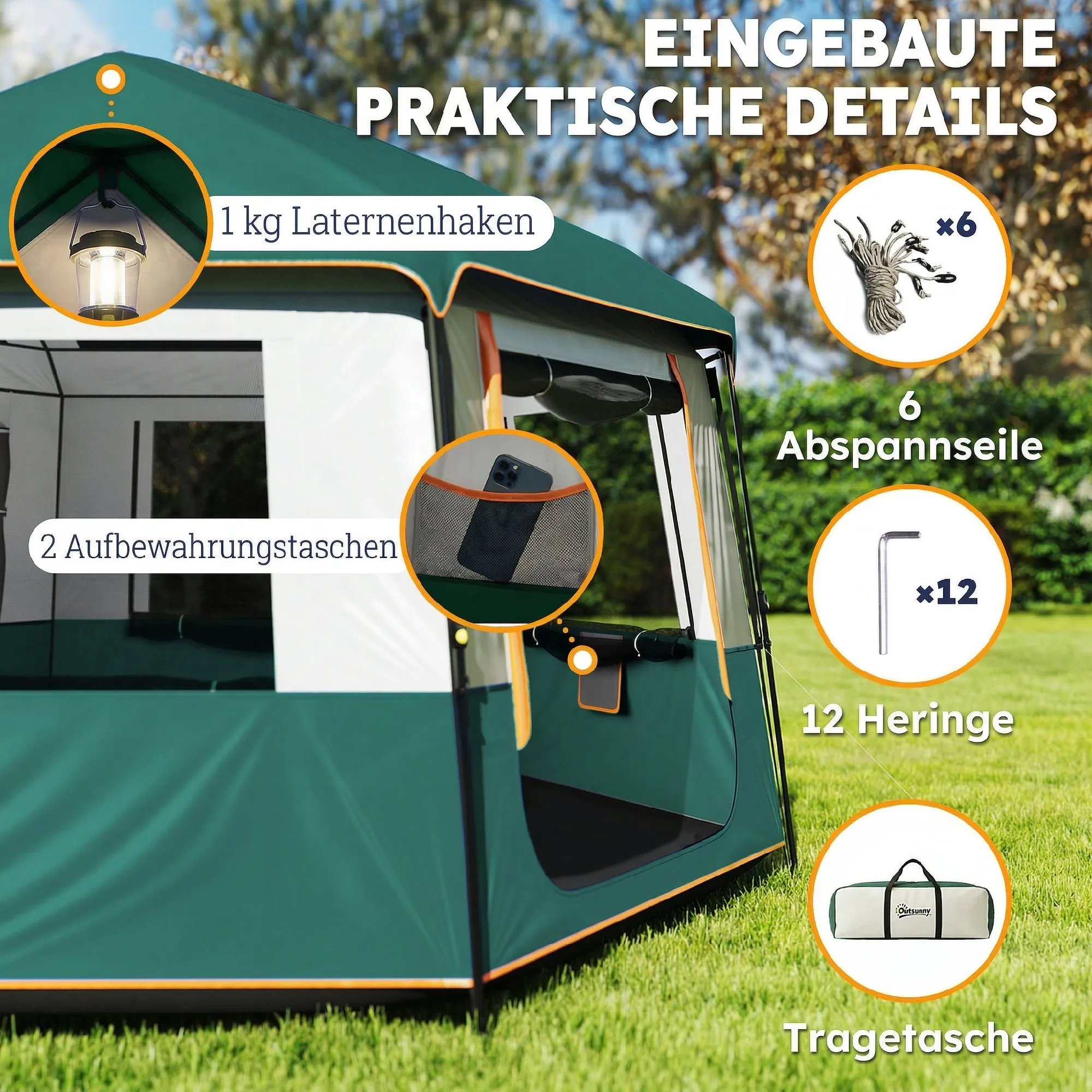 Familienzelt 4-6 Personen 350x350x205 cm Grün