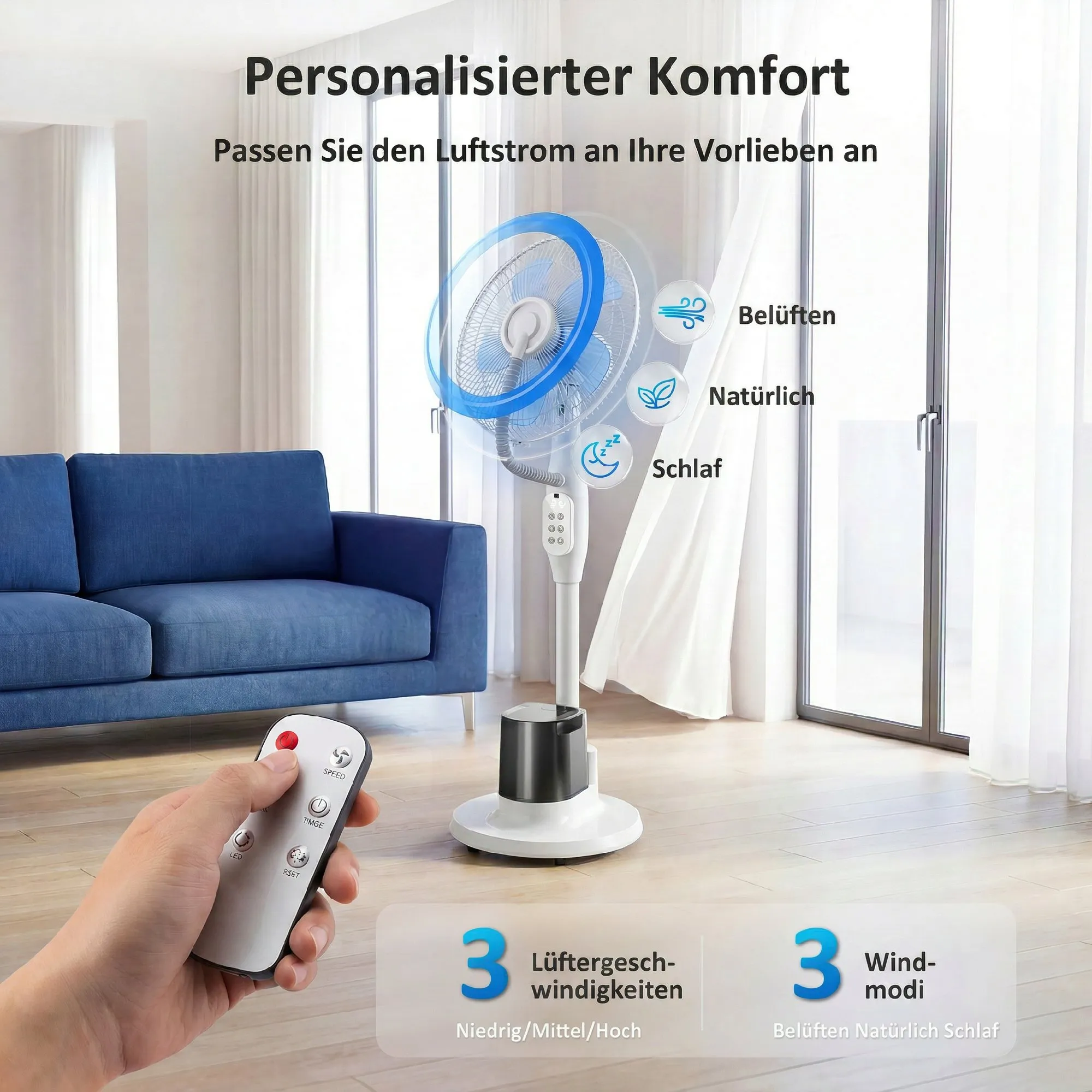 Stehventilator mit Sprühnebel, 70° Oszillation, 3 Geschwindigkeiten, 3 Modi, 3,5L Wassertank, Weiß