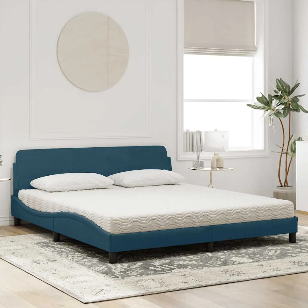 Blaues Samt-Bettgestell mit Schaumstoffmatratze 218x185x74,5 cm