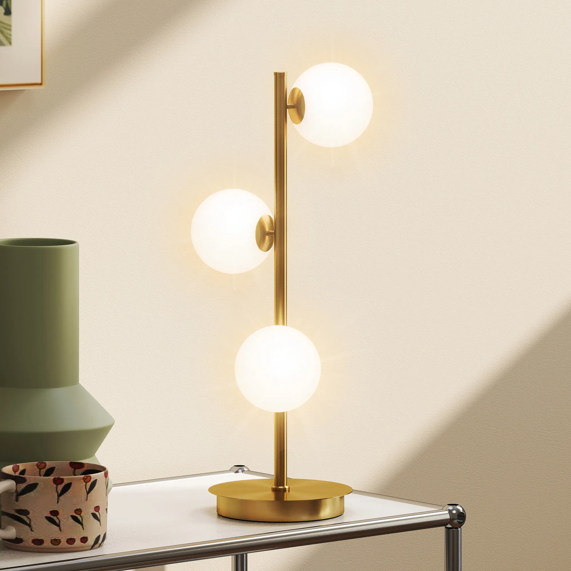 Tischlampe mit 3 Kugelschirmen, Stahlfuß, Messingfarben, 53 cm