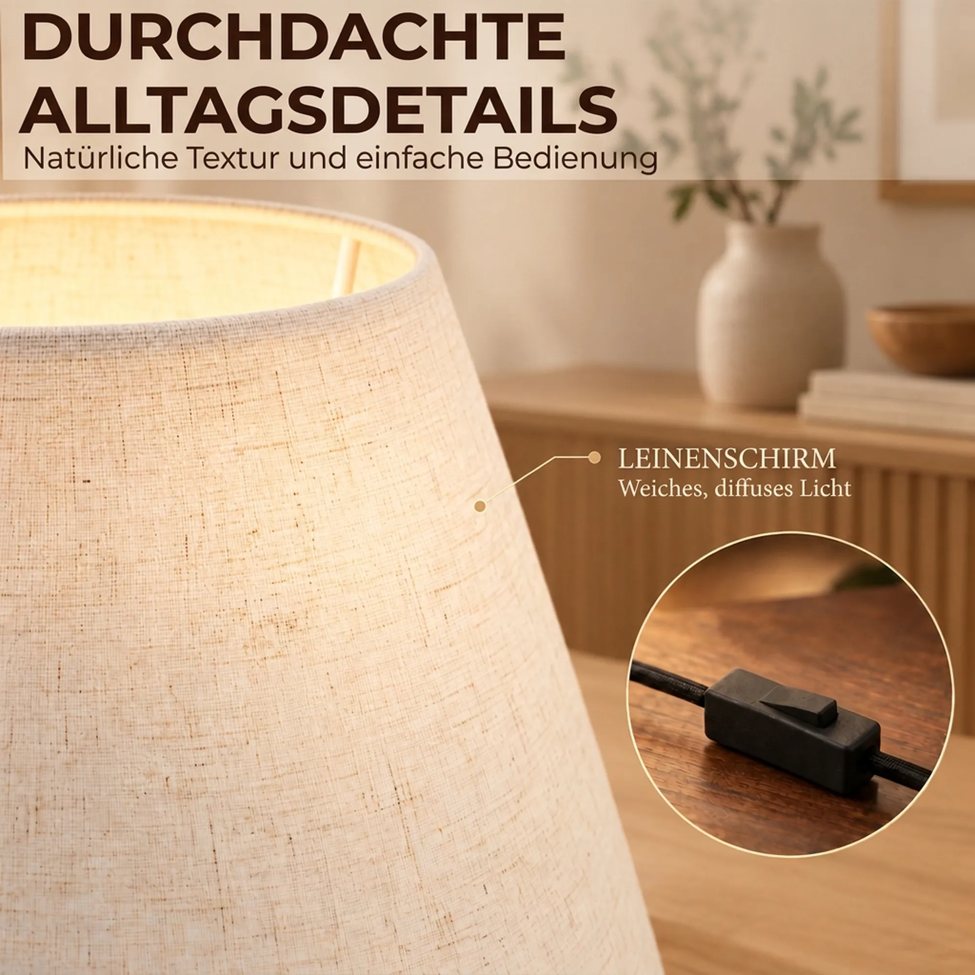 Tischlampe Vintage mit Keramiksockel und Leinen, Cremeweiß