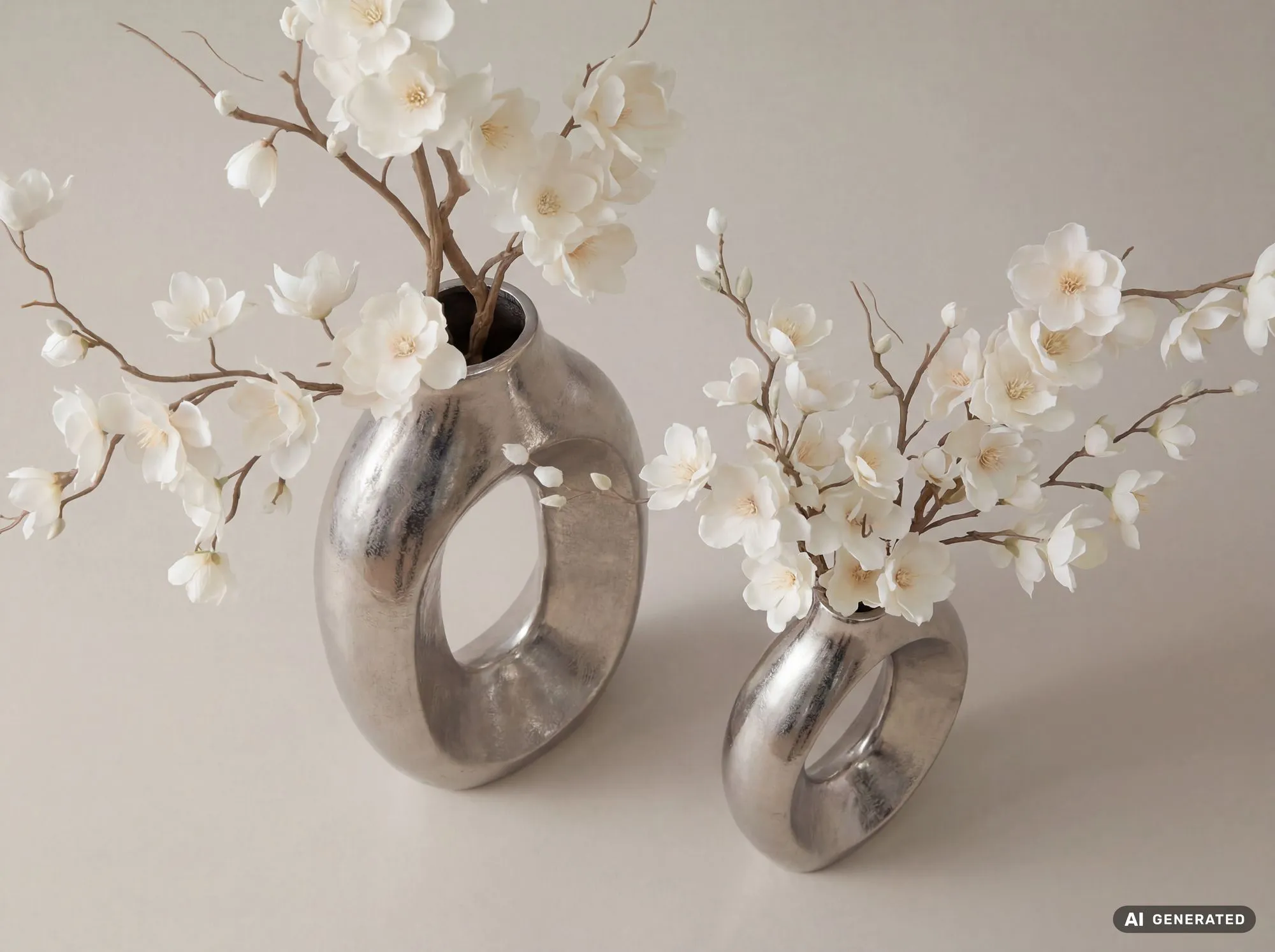 Dekovasen 2er Set aus Aluminium Raw-Finish Ringdesign Silber
