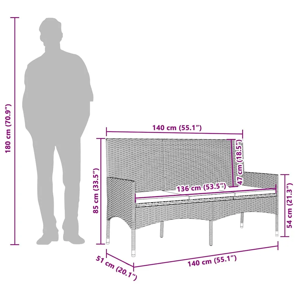 3-Sitzer Bank aus PE-Rattan und pulverbeschichtetem Stahl 140x51x85 cm Grau