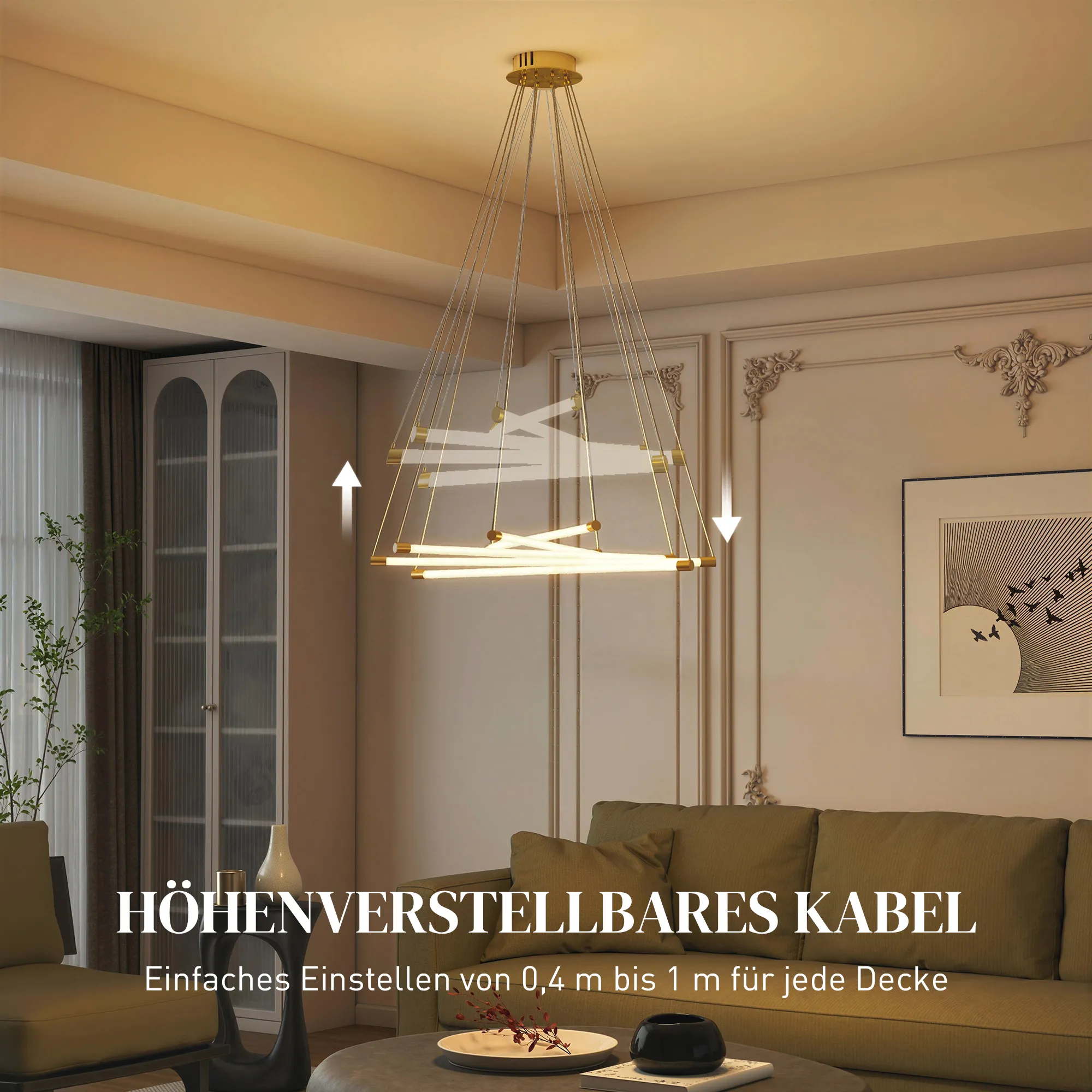 LED Pendelleuchte 50W anpassbar Metall Gold+Weiß Ø82 cm