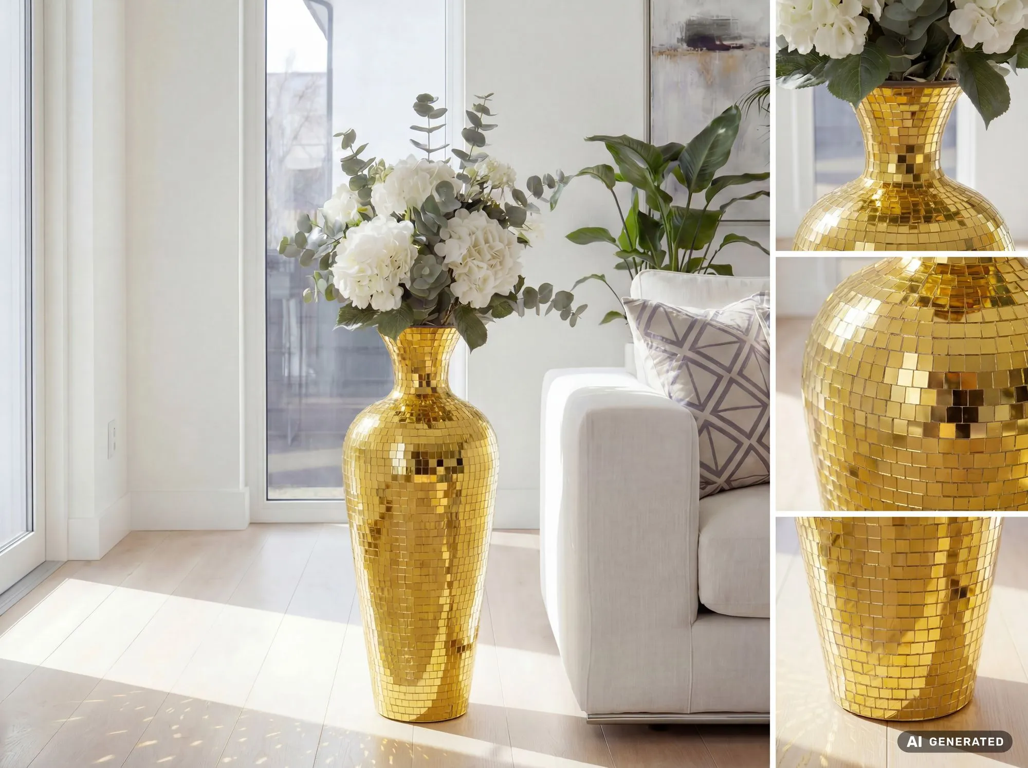 Bodenvase Aluminium 70cm Gold - Blumenvase Groß - Metallvase im Discokugel Design Modern - Dekovase rund für Trockenblumen - XL Standvase Hoch - Wohnzimmer Deko - Wohndeko Handmade