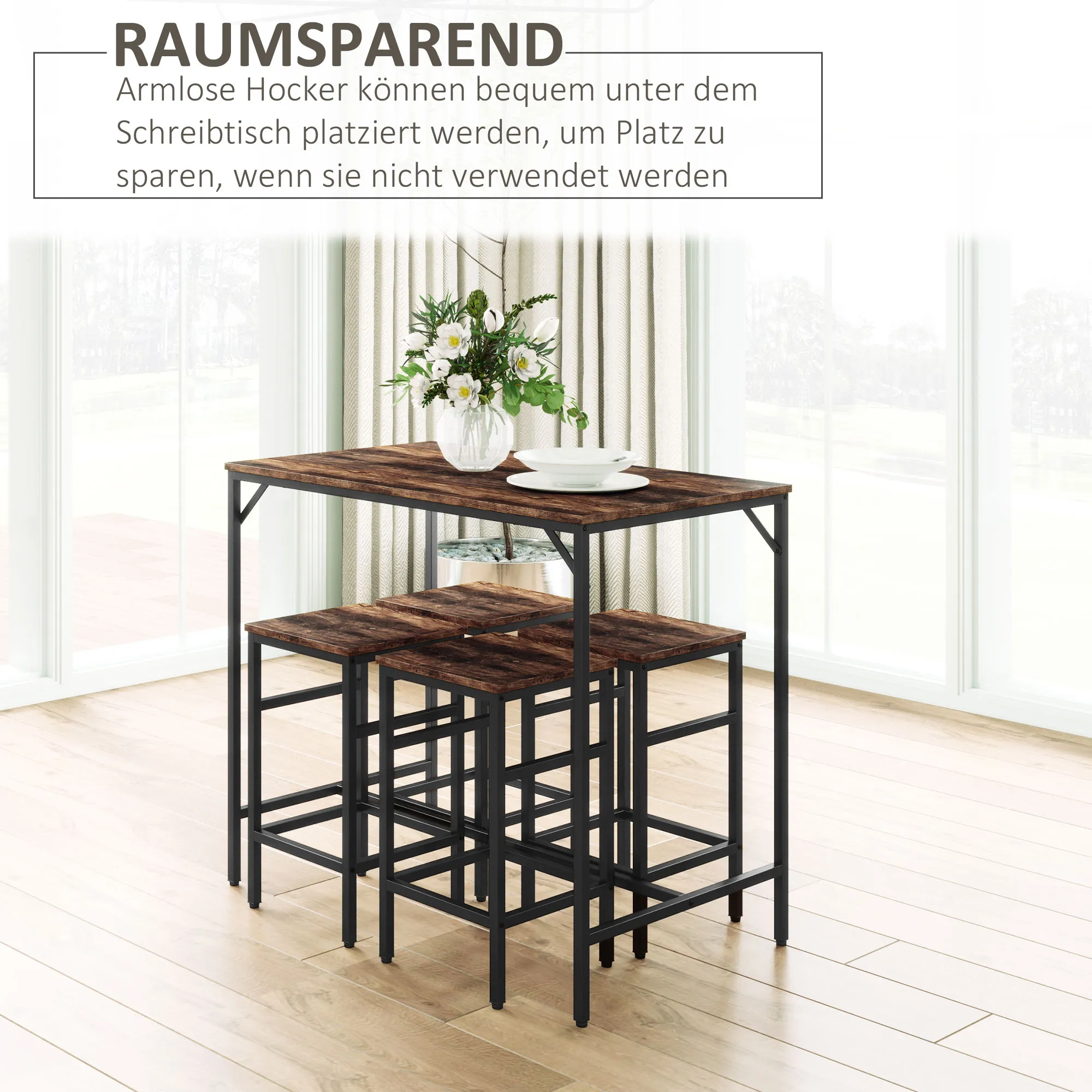 5-teiliges Esszimmer Set 100x60x88 cm Rustikal-Braun+Schwarz