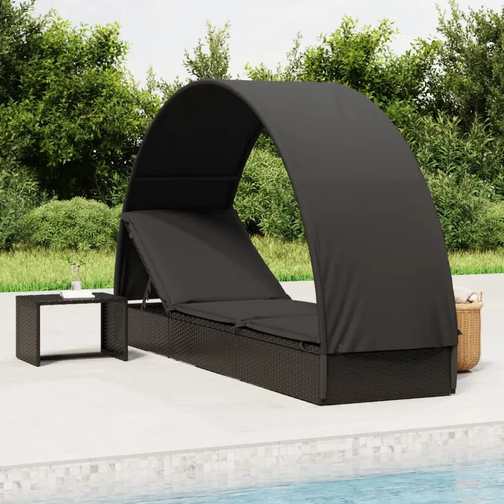 Sonnenliege mit Dach 211x57x140 cm Schwarz aus PE-Rattan und Stahl