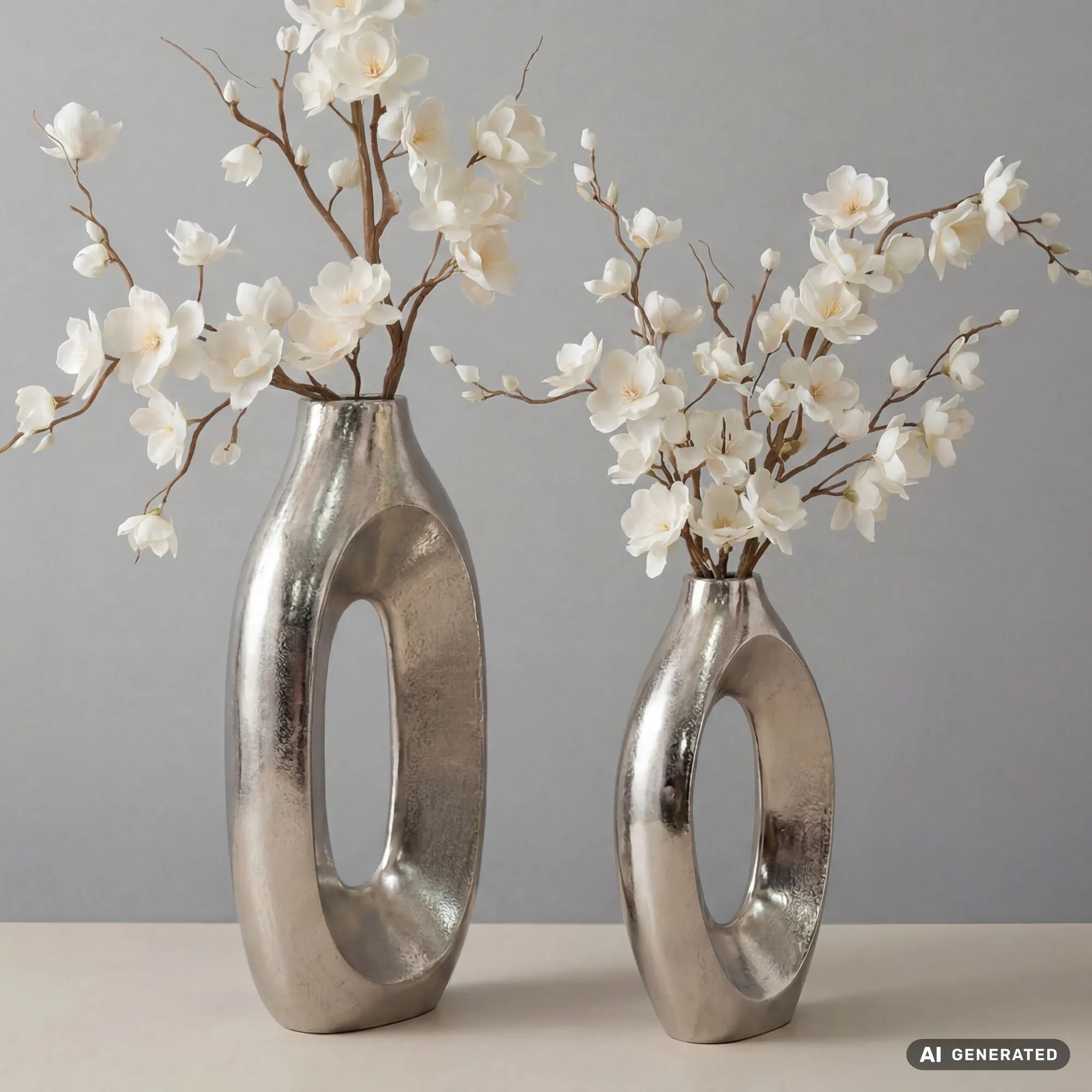 Dekovasen 2er Set aus Aluminium Raw-Finish Ringdesign Silber