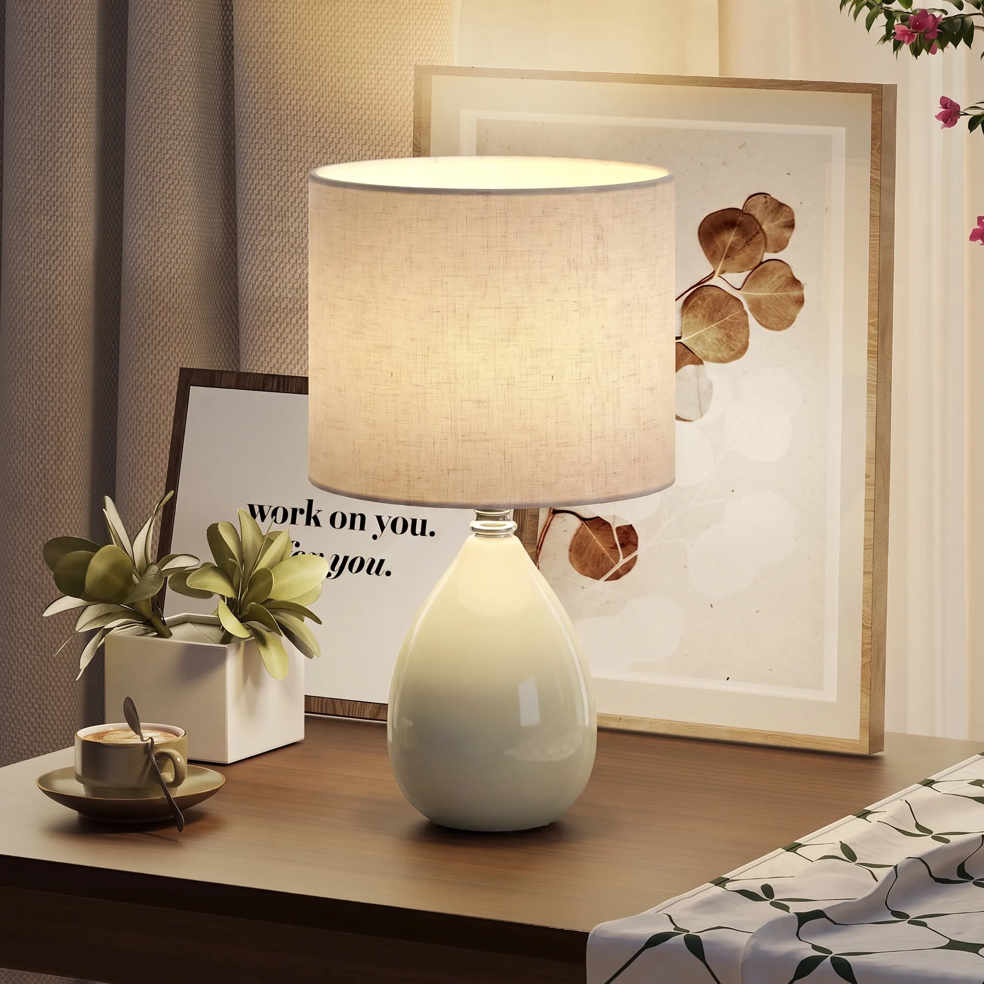 Tischlampe Vintage Keramik mit Leinenschirm, Cremeweiß, 35 cm