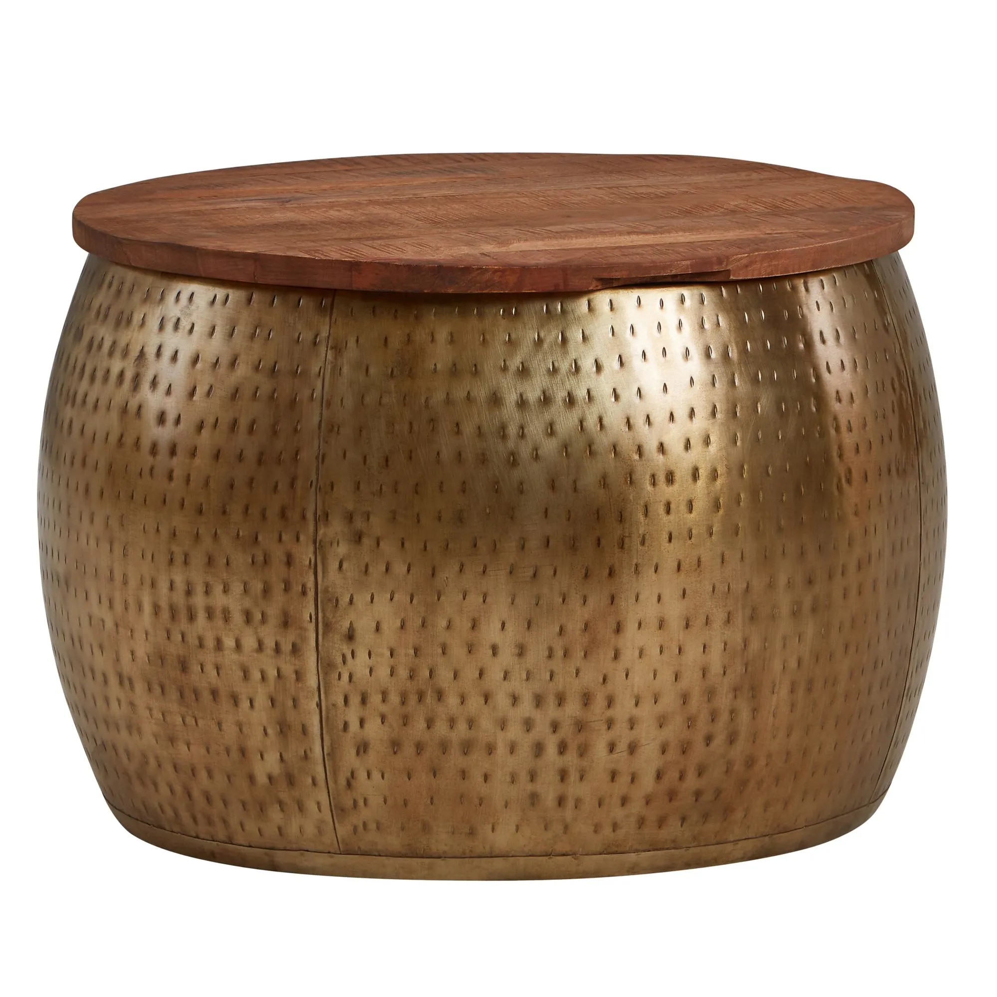 Wohnling Couchtisch Mango Massivholz Metall 60x60x40 cm Gold Rund mit Stauraum