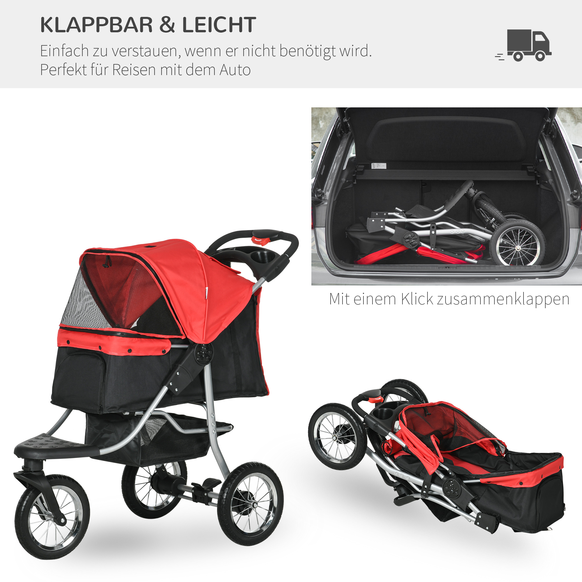 Hundewagen Rot+Schwarz 109,5L x 54,5B x 106,5H cm