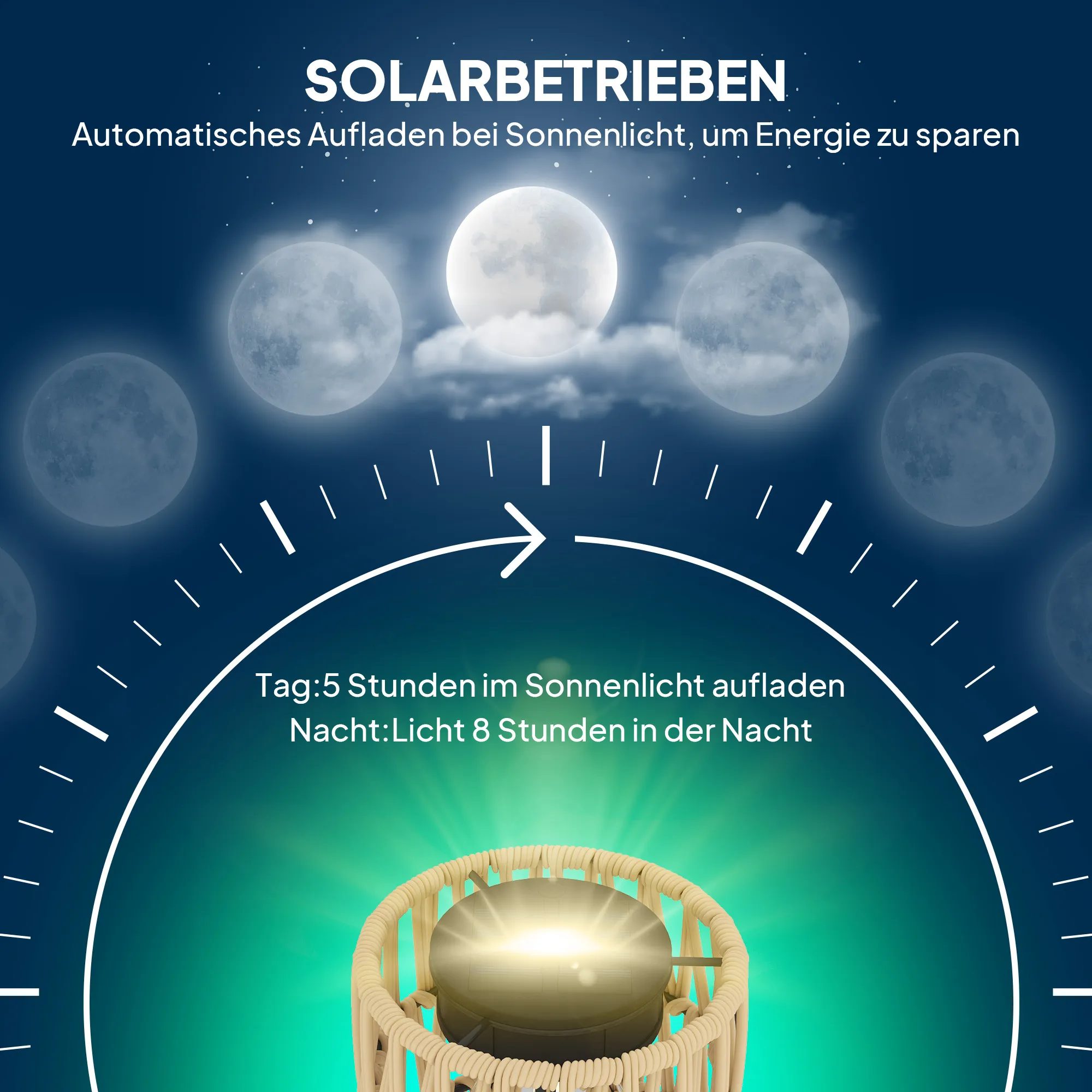 Solar Stehlampe Rattan Boho-Stil 3-flammig IP44 Gelb-Schwarz