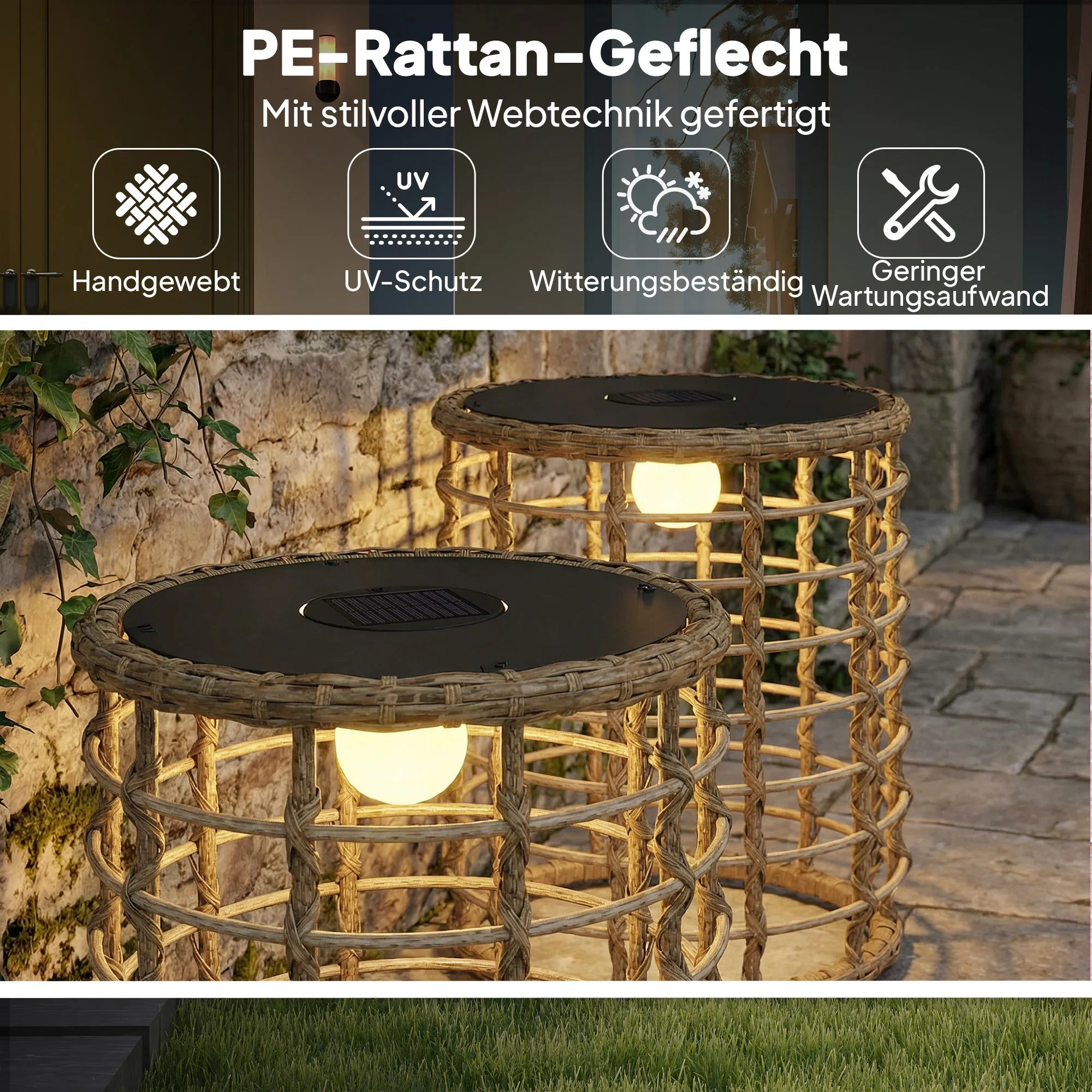 Solar Stehlampe 2er Set Rattan Boho-Stil Sand Schwarz IP44