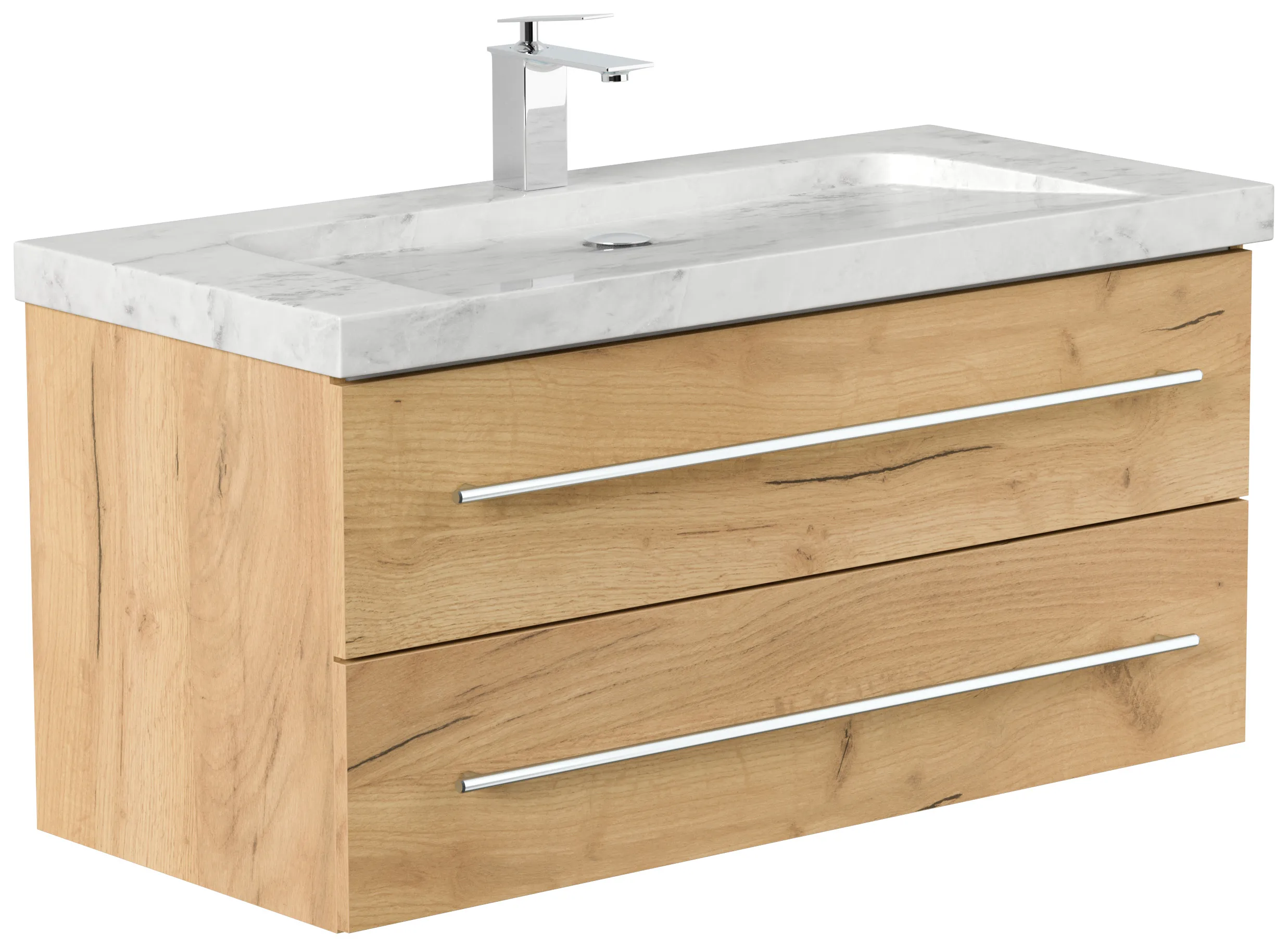 Badmöbel Marmor Carrara White YAMO 100 cm 1 Hahnloch SoftClose eiche gold