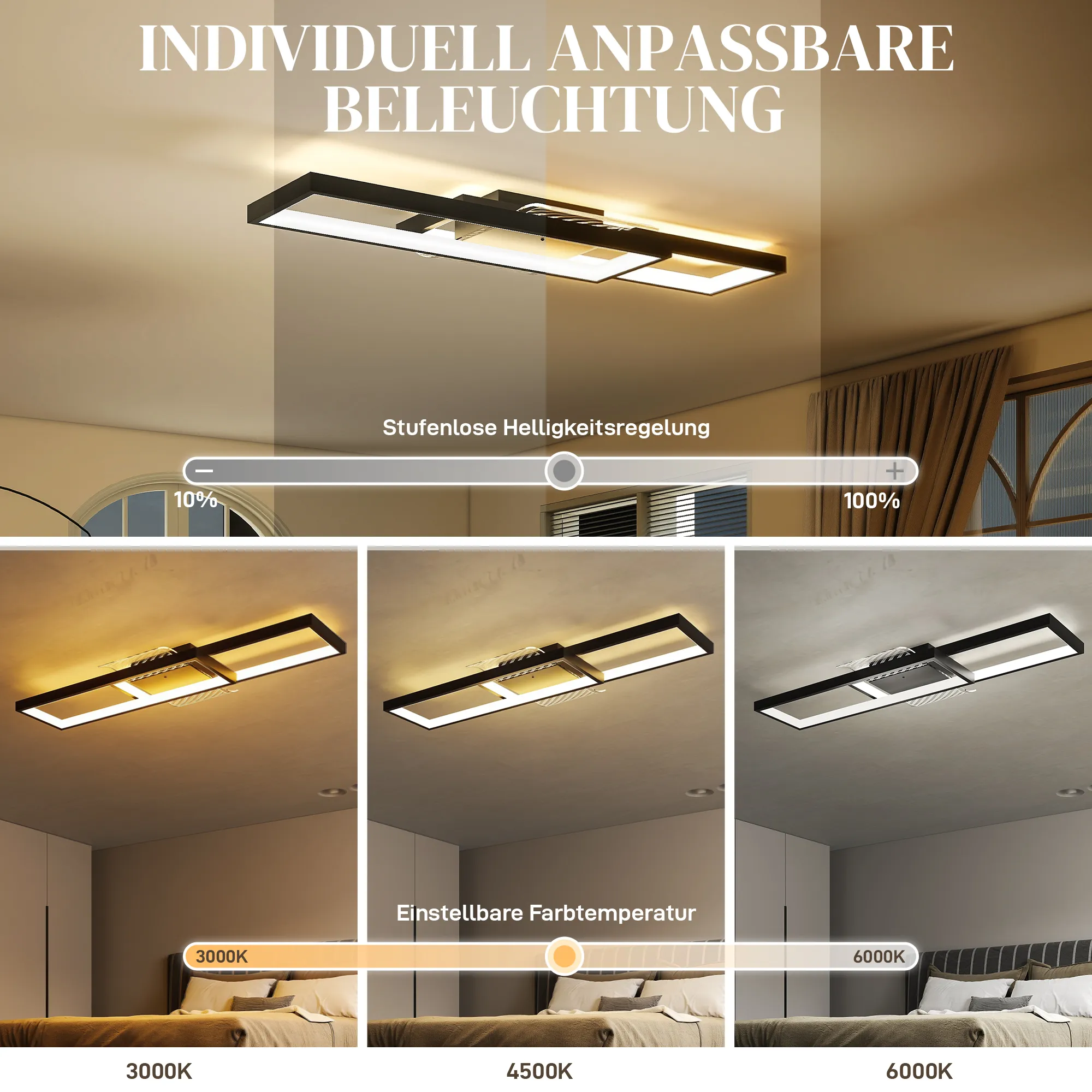 Deckenleuchte LED dimmbar mit Fernbedienung, 70x30x7 cm, Schwarz