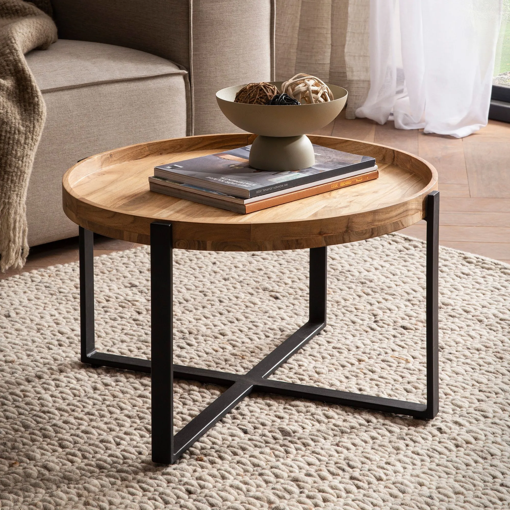 Couchtisch 60x60x36 cm Akazie Massivholz Metall Hellbraun Sofatisch Rund