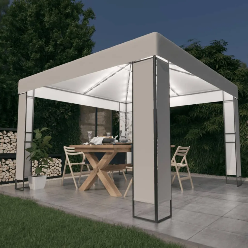 Weißer Pavillon 3 x 3 m mit doppeltem Polyesterdach und Solar-Lichterkette