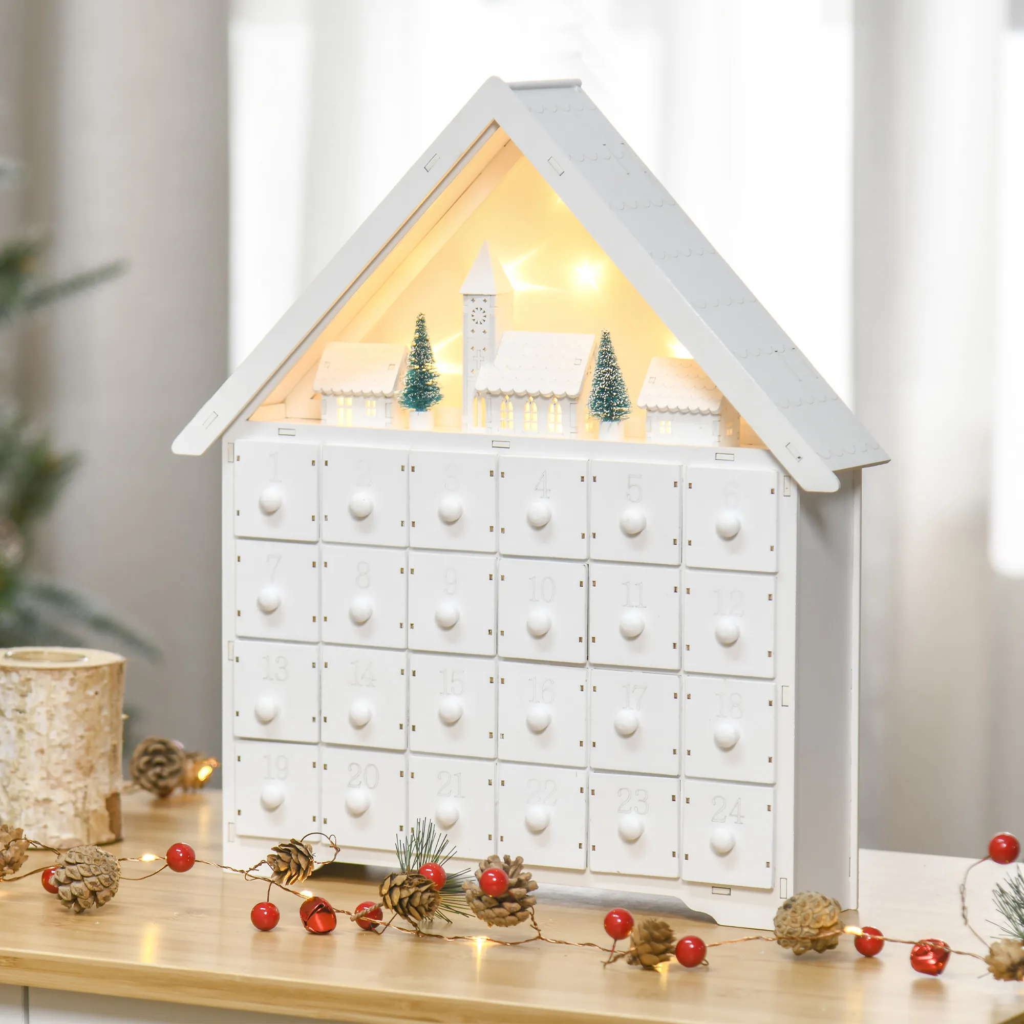 Adventskalender Weichnachtsdekoration Weihnachtsdeko, 24 Schubladen, LED-Lichter, 39 cm x 9 cm x 42 cm, Weiß + Grün