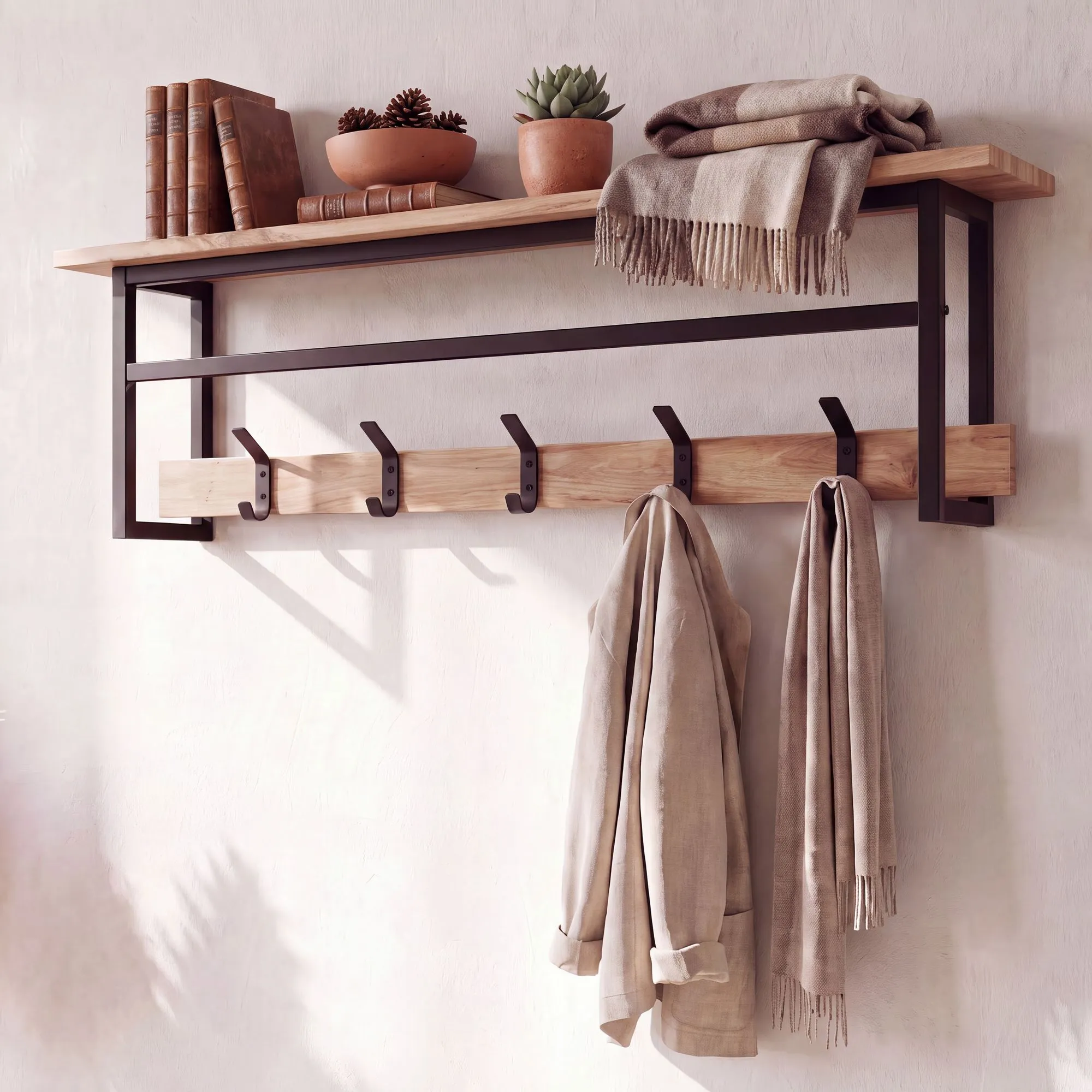 Wandgarderobe Akazie Massivholz 100cm mit Ablage - Modernes Garderobenpaneel Hängegarderobe mit 5 Haken und Kleiderstange - Garderobenleiste Flurgarderobe Massiv Handmade
