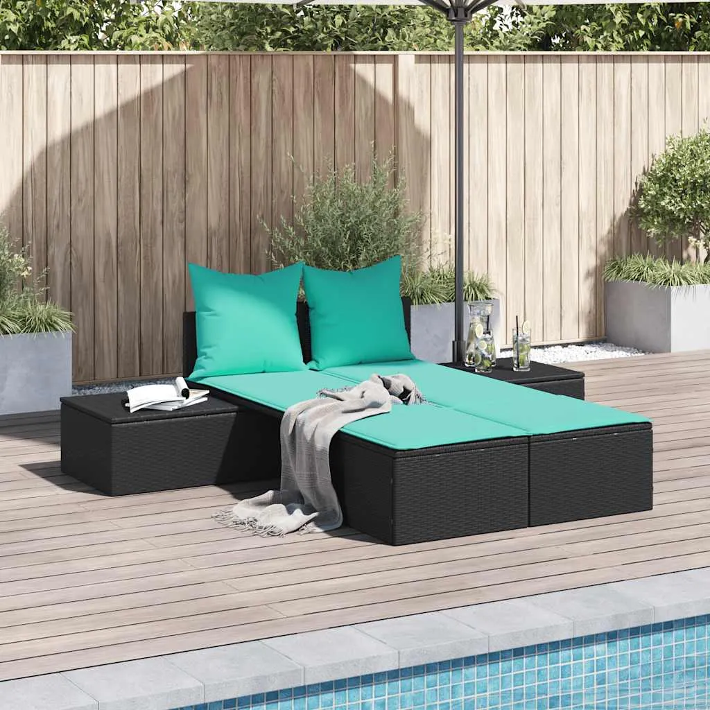 Doppel-Sonnenliege Schwarz 104x162x30 cm mit PE-Rattan und Stahlgestell