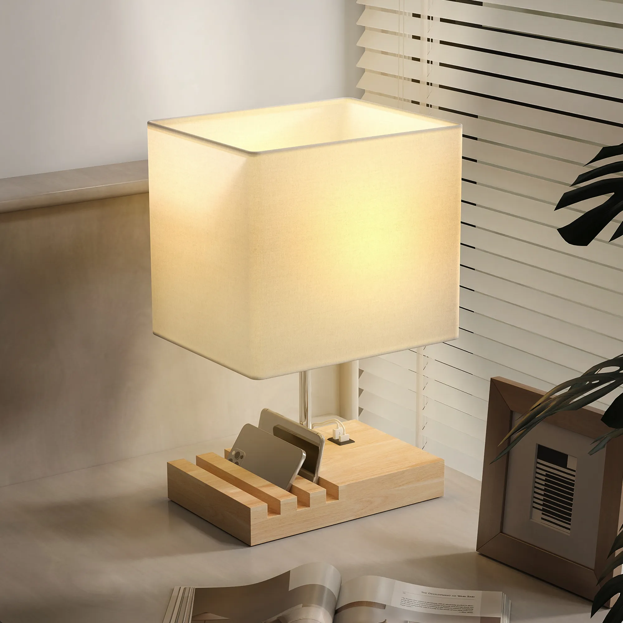 Nachttischlampe mit USB-A/C Ports, Holz & Stoff, Weiß, 40,5 cm