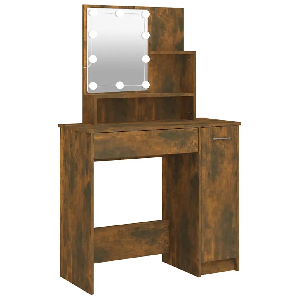 Schminktisch 86,5x35x136 cm Räuchereiche Massivholz mit LED-Beleuchtung