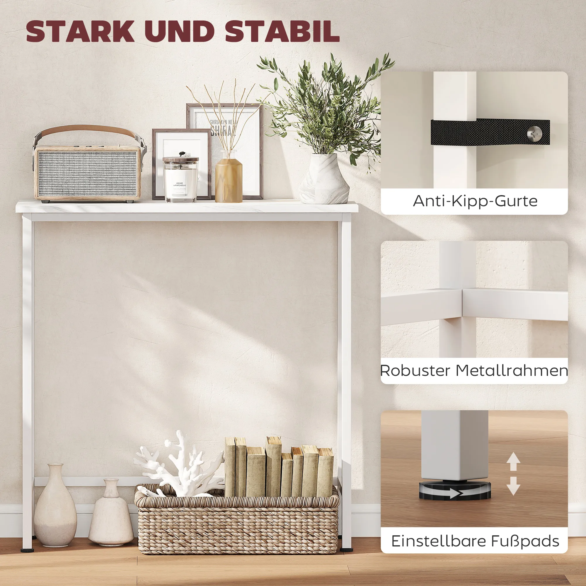 Schmaler Konsolentisch 75L x 24B x 76H cm in Weiß