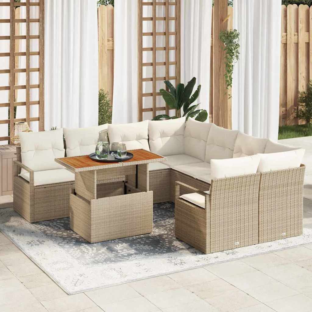 Poly-Rattan Garten-Esszimmer-Set 100x55x73 cm Beige Creme mit Echtholz
