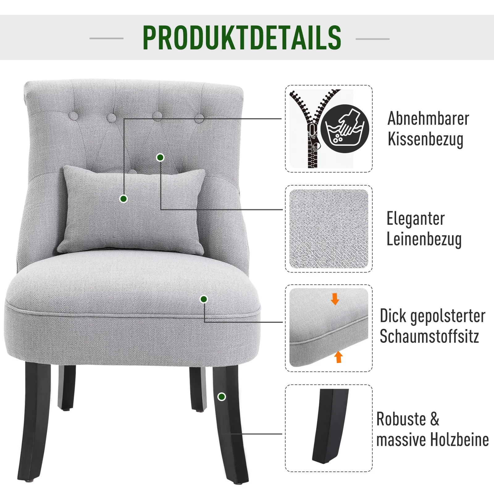 Sessel Wohnzimmer Relaxsessel Loungesessel Ruhesessel mit Rückenkissen, Holzbeine, Lesesessel mit Leinenoptik, Polstersessel für Schlafzimmer, Grau